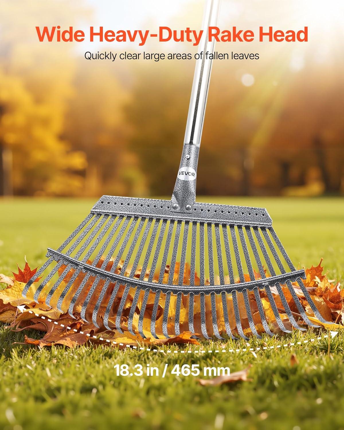 imageVEVOR Leaf Rake 25 Metal Tines Adjustable Garden Rake for Lawns with 183 Inch Wide Head ampamp 364728 Inch Long Handle Heavy Duty Stainless Steel Small Leaves Tool for Gardening Camping Yard Grass18in width