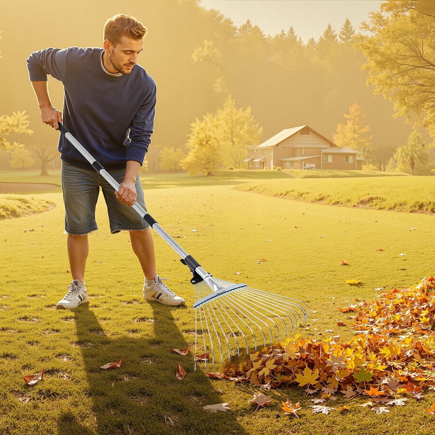 imageVEVOR Leaf Rake 25 Metal Tines Adjustable Garden Rake for Lawns with 183 Inch Wide Head ampamp 364728 Inch Long Handle Heavy Duty Stainless Steel Small Leaves Tool for Gardening Camping Yard Grass7711in width