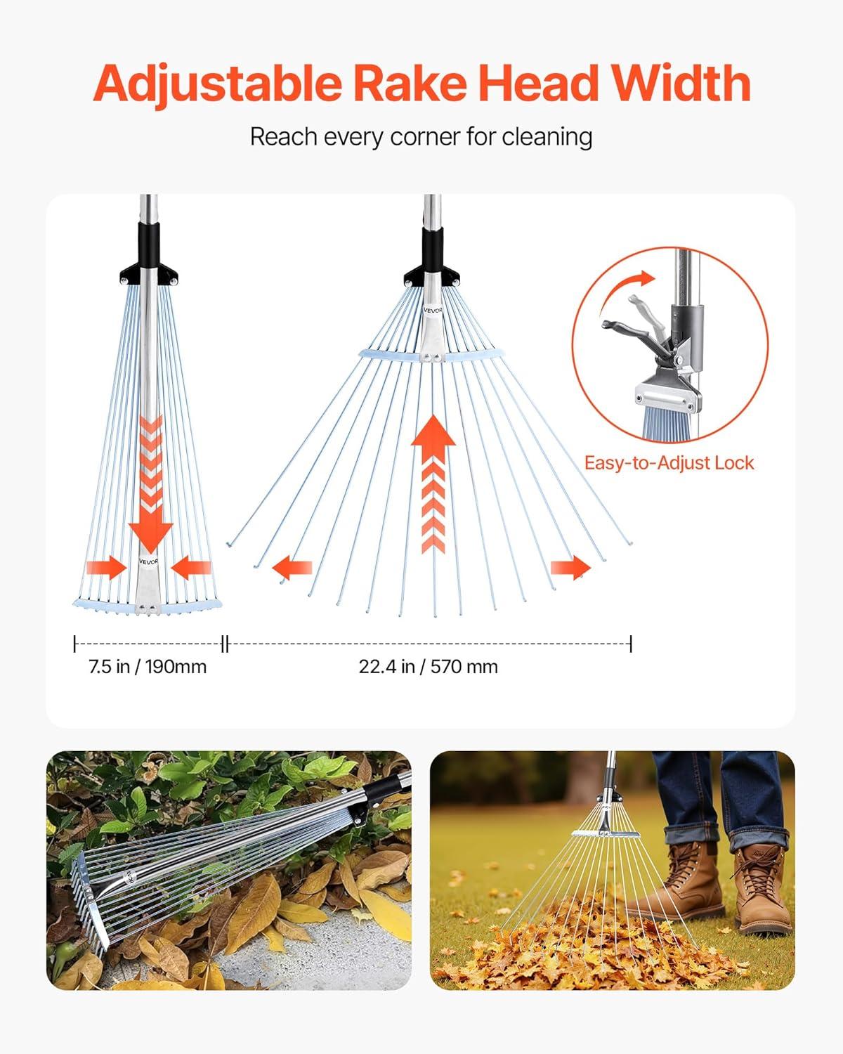 imageVEVOR Leaf Rake 25 Metal Tines Adjustable Garden Rake for Lawns with 183 Inch Wide Head ampamp 364728 Inch Long Handle Heavy Duty Stainless Steel Small Leaves Tool for Gardening Camping Yard Grass75224in width