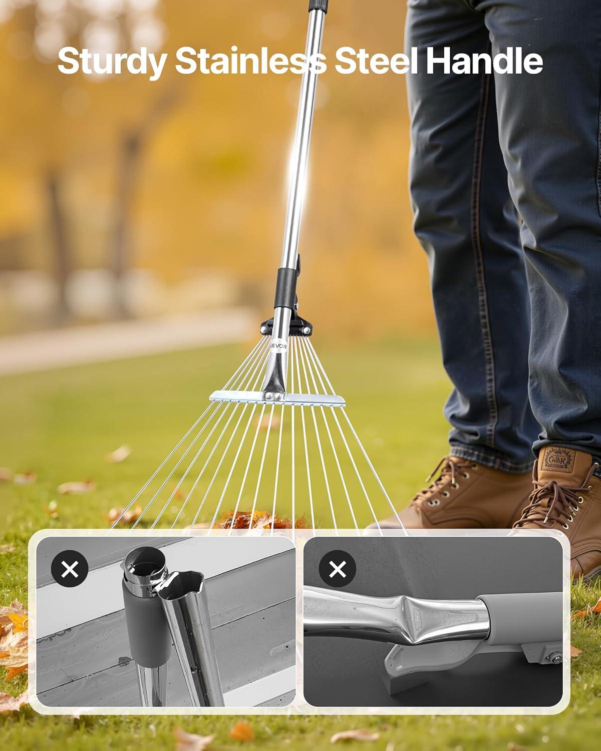 imageVEVOR Leaf Rake 25 Metal Tines Adjustable Garden Rake for Lawns with 183 Inch Wide Head ampamp 364728 Inch Long Handle Heavy Duty Stainless Steel Small Leaves Tool for Gardening Camping Yard Grass75224in width
