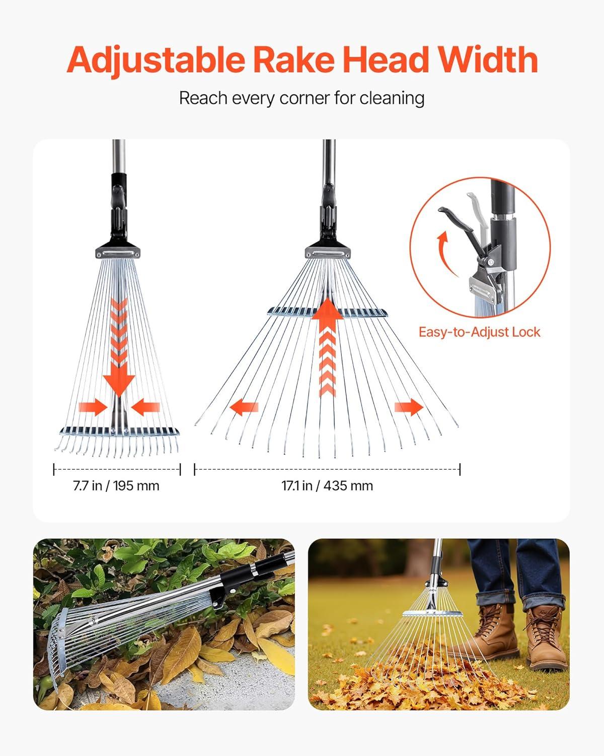 imageVEVOR Leaf Rake 25 Metal Tines Adjustable Garden Rake for Lawns with 183 Inch Wide Head ampamp 364728 Inch Long Handle Heavy Duty Stainless Steel Small Leaves Tool for Gardening Camping Yard Grass7711in width