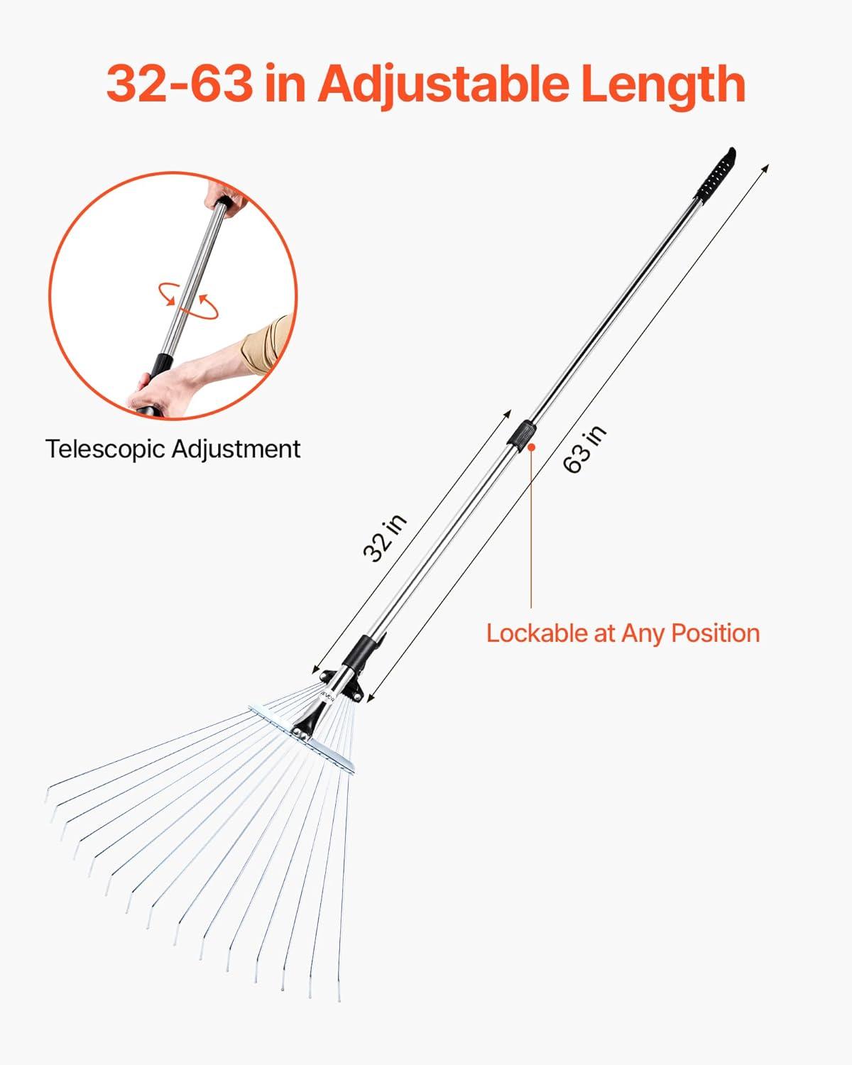 imageVEVOR Leaf Rake 25 Metal Tines Adjustable Garden Rake for Lawns with 183 Inch Wide Head ampamp 364728 Inch Long Handle Heavy Duty Stainless Steel Small Leaves Tool for Gardening Camping Yard Grass75224in width