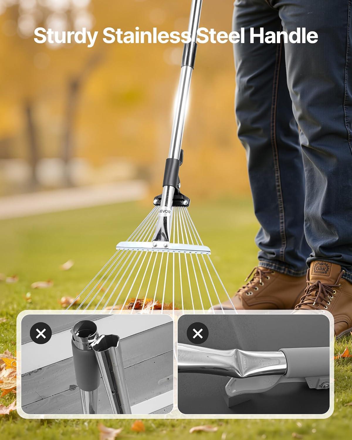 imageVEVOR Leaf Rake 25 Metal Tines Adjustable Garden Rake for Lawns with 183 Inch Wide Head ampamp 364728 Inch Long Handle Heavy Duty Stainless Steel Small Leaves Tool for Gardening Camping Yard Grass7711in width