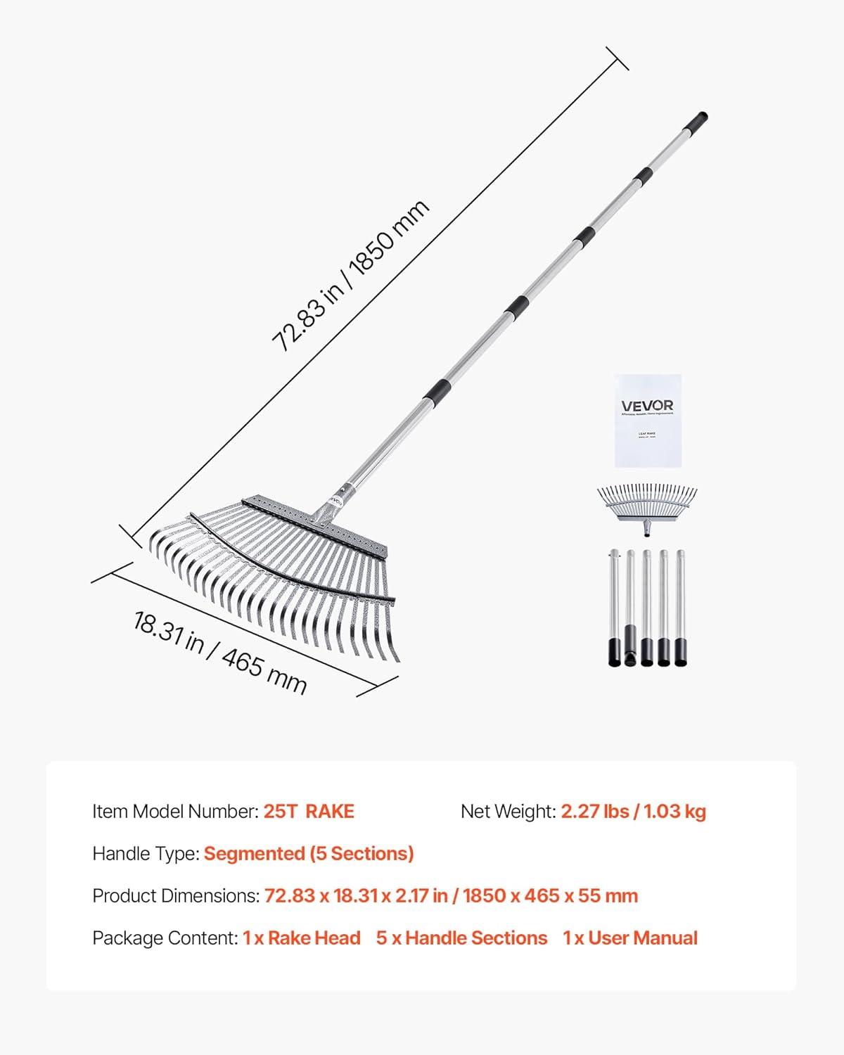 imageVEVOR Leaf Rake 25 Metal Tines Adjustable Garden Rake for Lawns with 183 Inch Wide Head ampamp 364728 Inch Long Handle Heavy Duty Stainless Steel Small Leaves Tool for Gardening Camping Yard Grass18in width