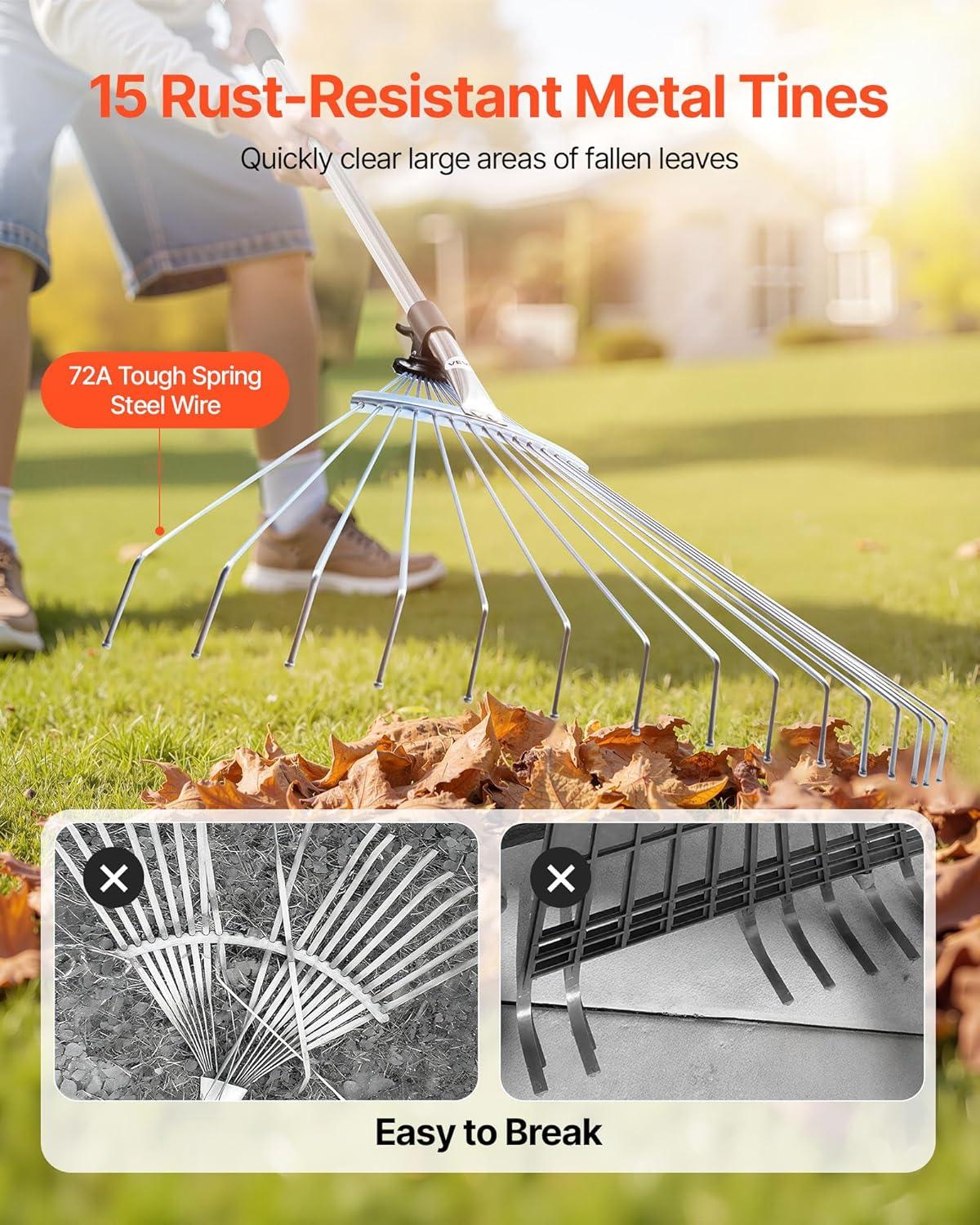 imageVEVOR Leaf Rake 25 Metal Tines Adjustable Garden Rake for Lawns with 183 Inch Wide Head ampamp 364728 Inch Long Handle Heavy Duty Stainless Steel Small Leaves Tool for Gardening Camping Yard Grass75224in width