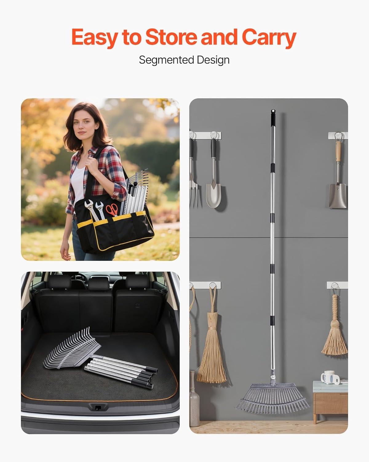 imageVEVOR Leaf Rake 25 Metal Tines Adjustable Garden Rake for Lawns with 183 Inch Wide Head ampamp 364728 Inch Long Handle Heavy Duty Stainless Steel Small Leaves Tool for Gardening Camping Yard Grass18in width