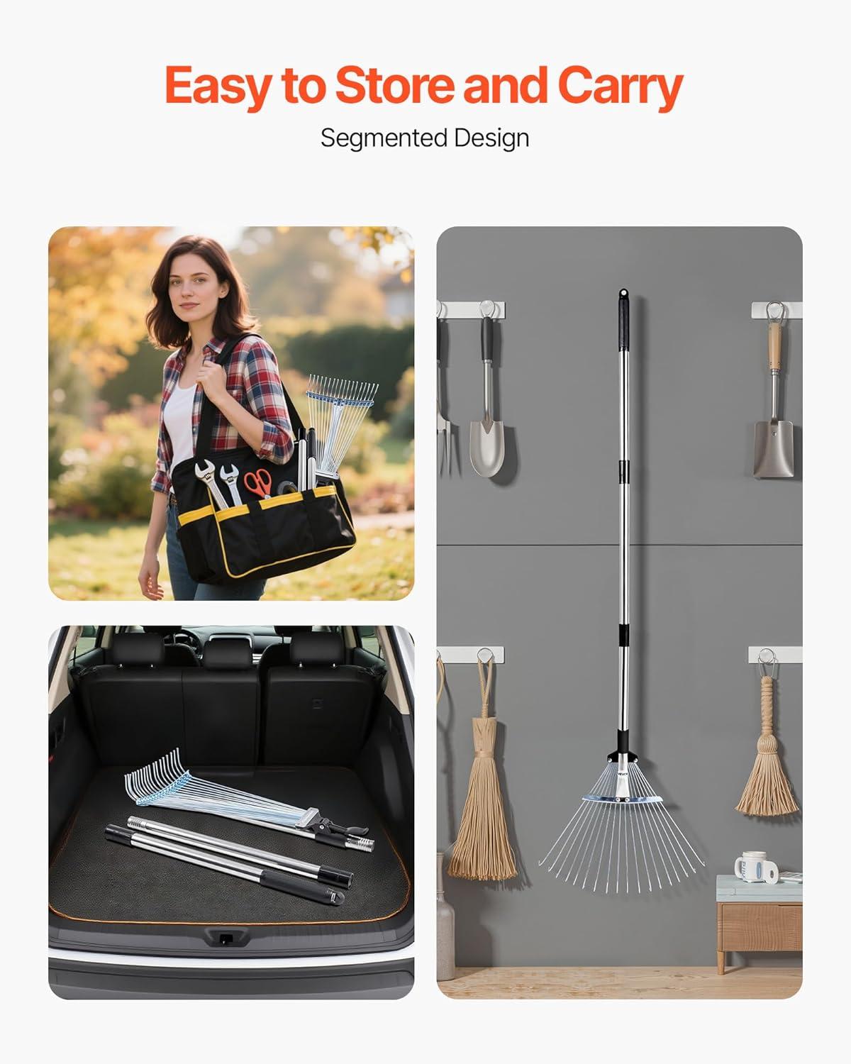 imageVEVOR Leaf Rake 25 Metal Tines Adjustable Garden Rake for Lawns with 183 Inch Wide Head ampamp 364728 Inch Long Handle Heavy Duty Stainless Steel Small Leaves Tool for Gardening Camping Yard Grass7711in width
