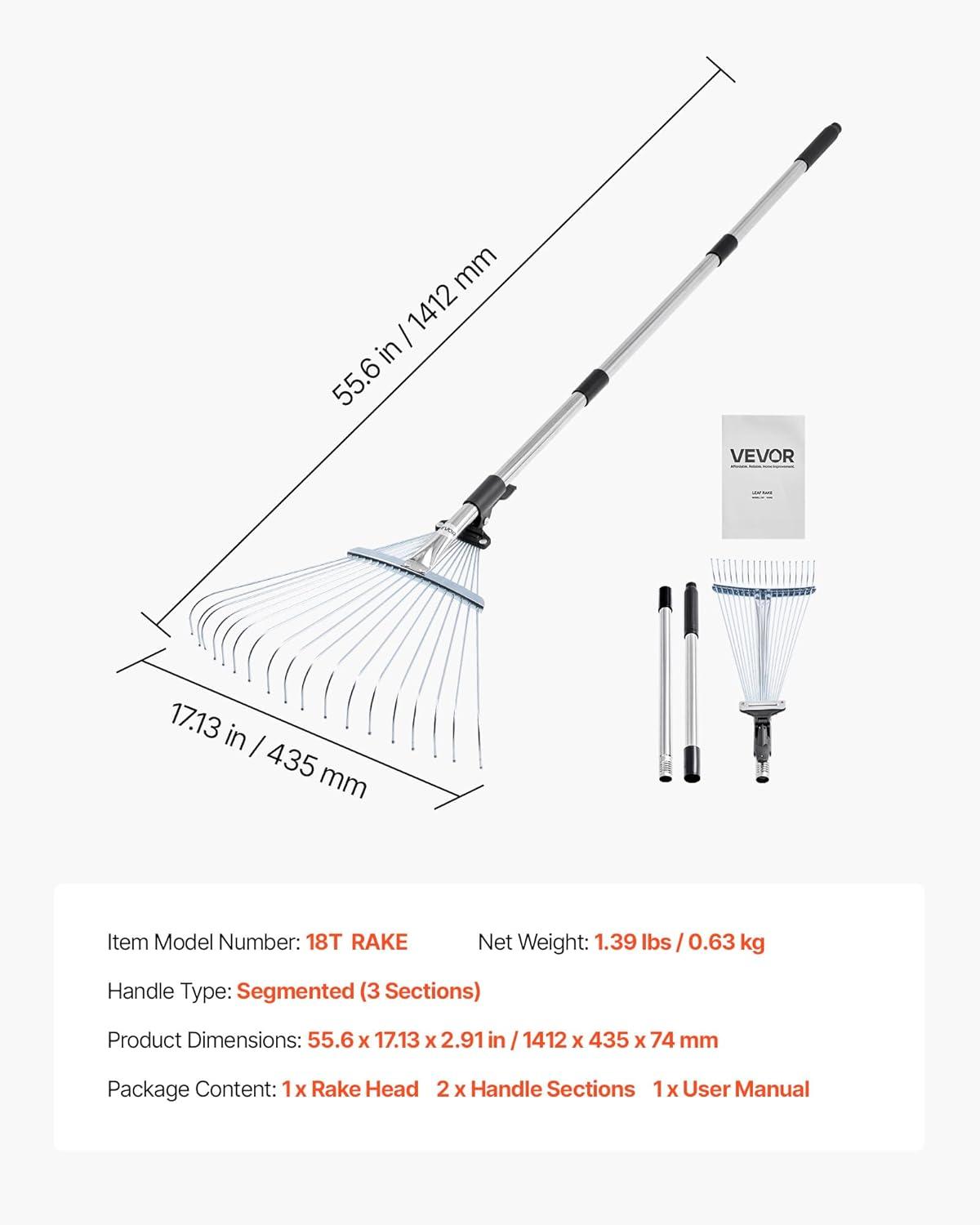 imageVEVOR Leaf Rake 25 Metal Tines Adjustable Garden Rake for Lawns with 183 Inch Wide Head ampamp 364728 Inch Long Handle Heavy Duty Stainless Steel Small Leaves Tool for Gardening Camping Yard Grass7711in width