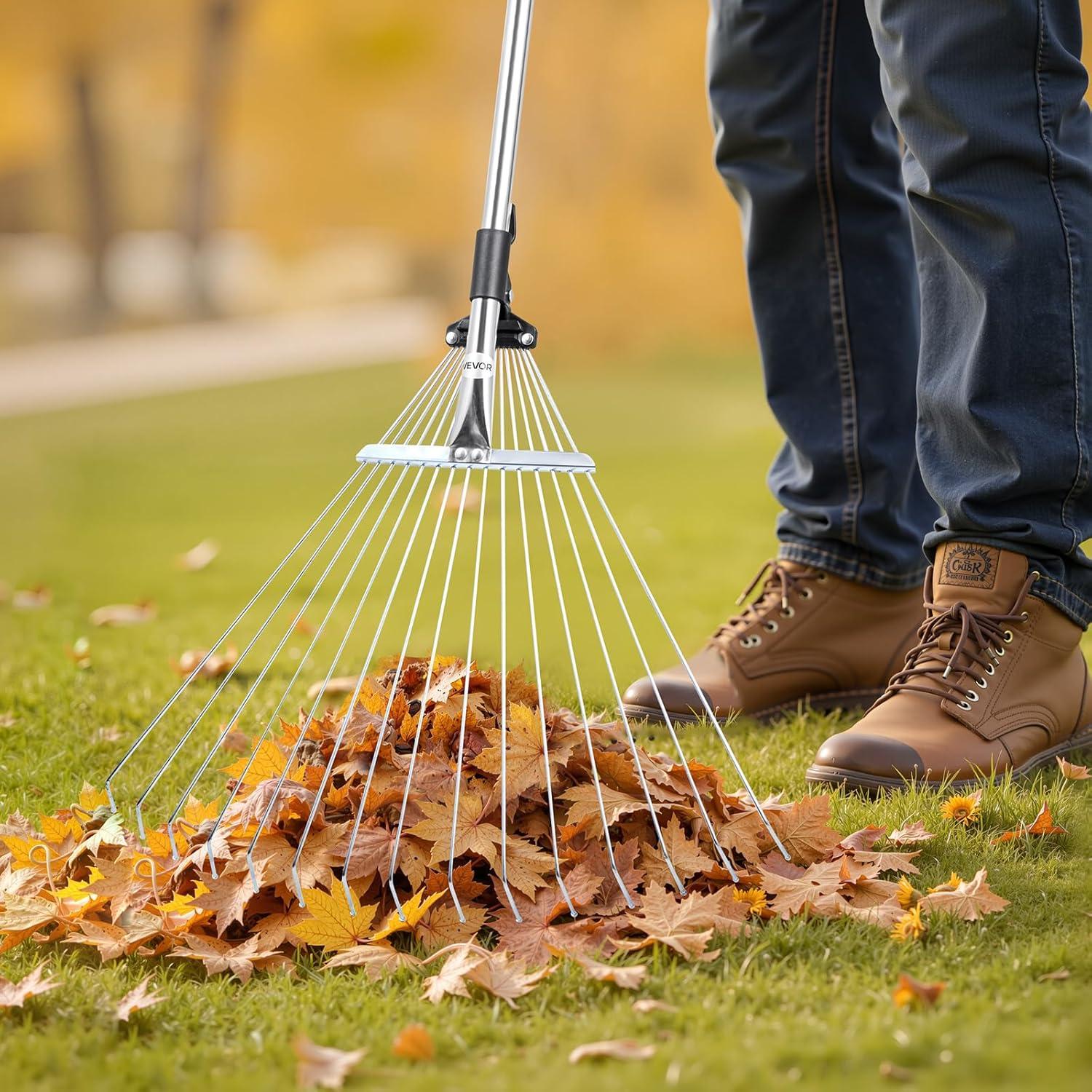 imageVEVOR Leaf Rake 25 Metal Tines Adjustable Garden Rake for Lawns with 183 Inch Wide Head ampamp 364728 Inch Long Handle Heavy Duty Stainless Steel Small Leaves Tool for Gardening Camping Yard Grass75224in width