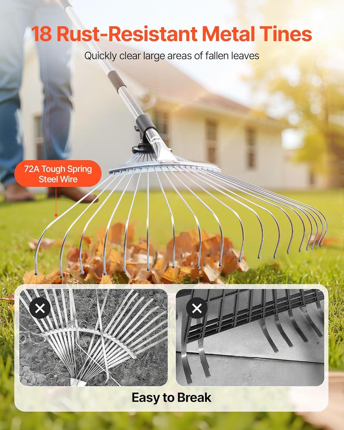imageVEVOR Leaf Rake 25 Metal Tines Adjustable Garden Rake for Lawns with 183 Inch Wide Head ampamp 364728 Inch Long Handle Heavy Duty Stainless Steel Small Leaves Tool for Gardening Camping Yard Grass7711in width