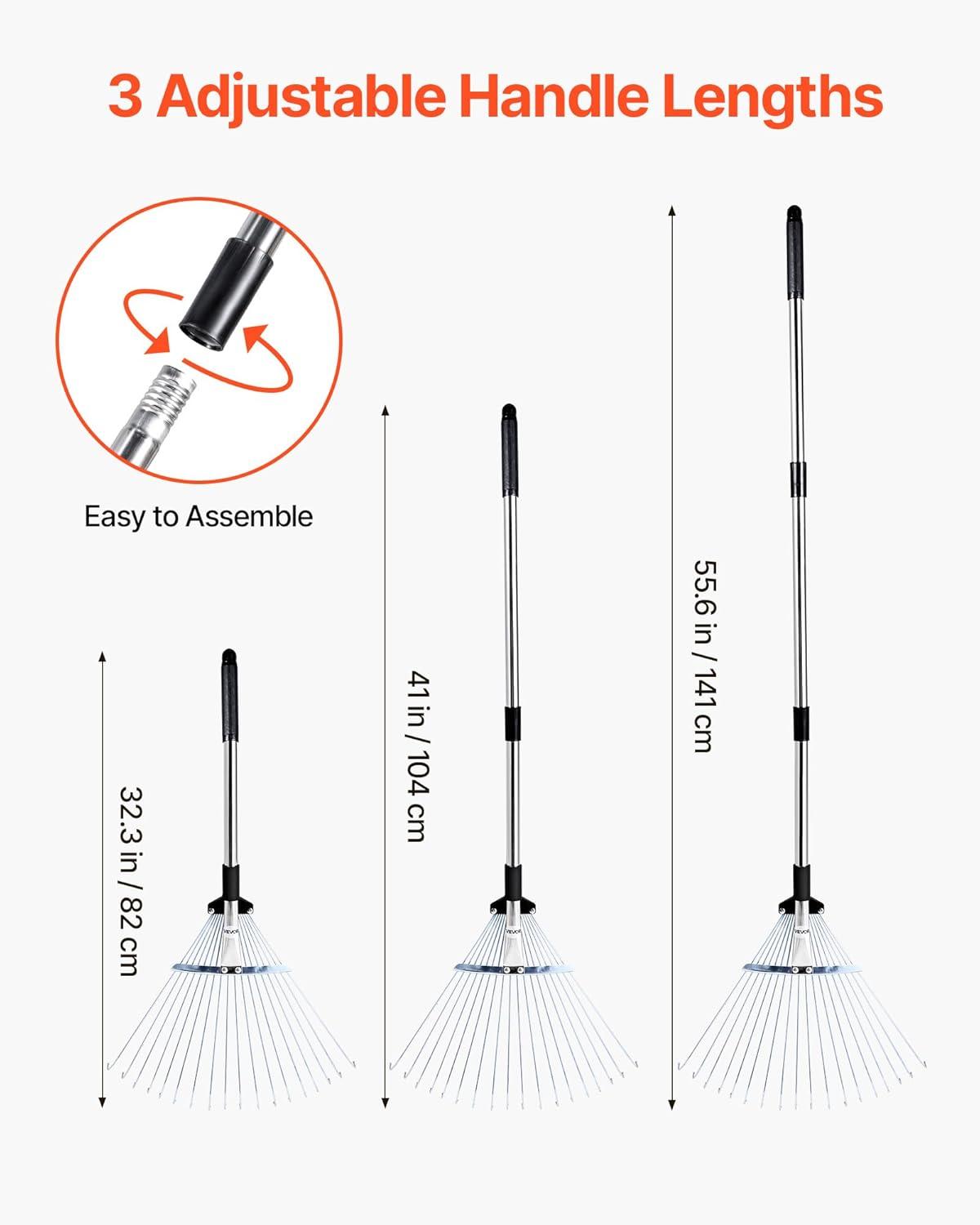 imageVEVOR Leaf Rake 25 Metal Tines Adjustable Garden Rake for Lawns with 183 Inch Wide Head ampamp 364728 Inch Long Handle Heavy Duty Stainless Steel Small Leaves Tool for Gardening Camping Yard Grass7711in width