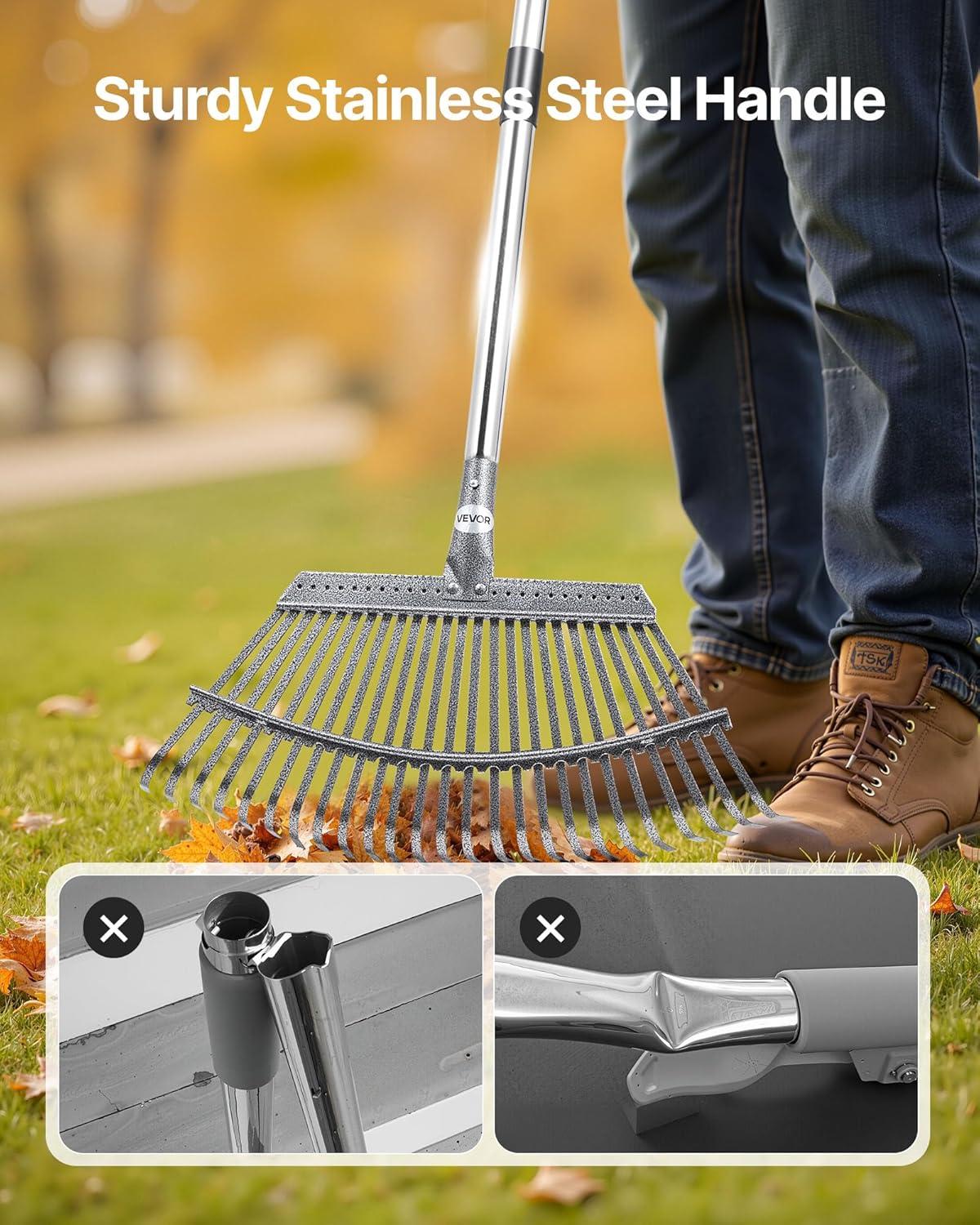 imageVEVOR Leaf Rake 25 Metal Tines Adjustable Garden Rake for Lawns with 183 Inch Wide Head ampamp 364728 Inch Long Handle Heavy Duty Stainless Steel Small Leaves Tool for Gardening Camping Yard Grass18in width