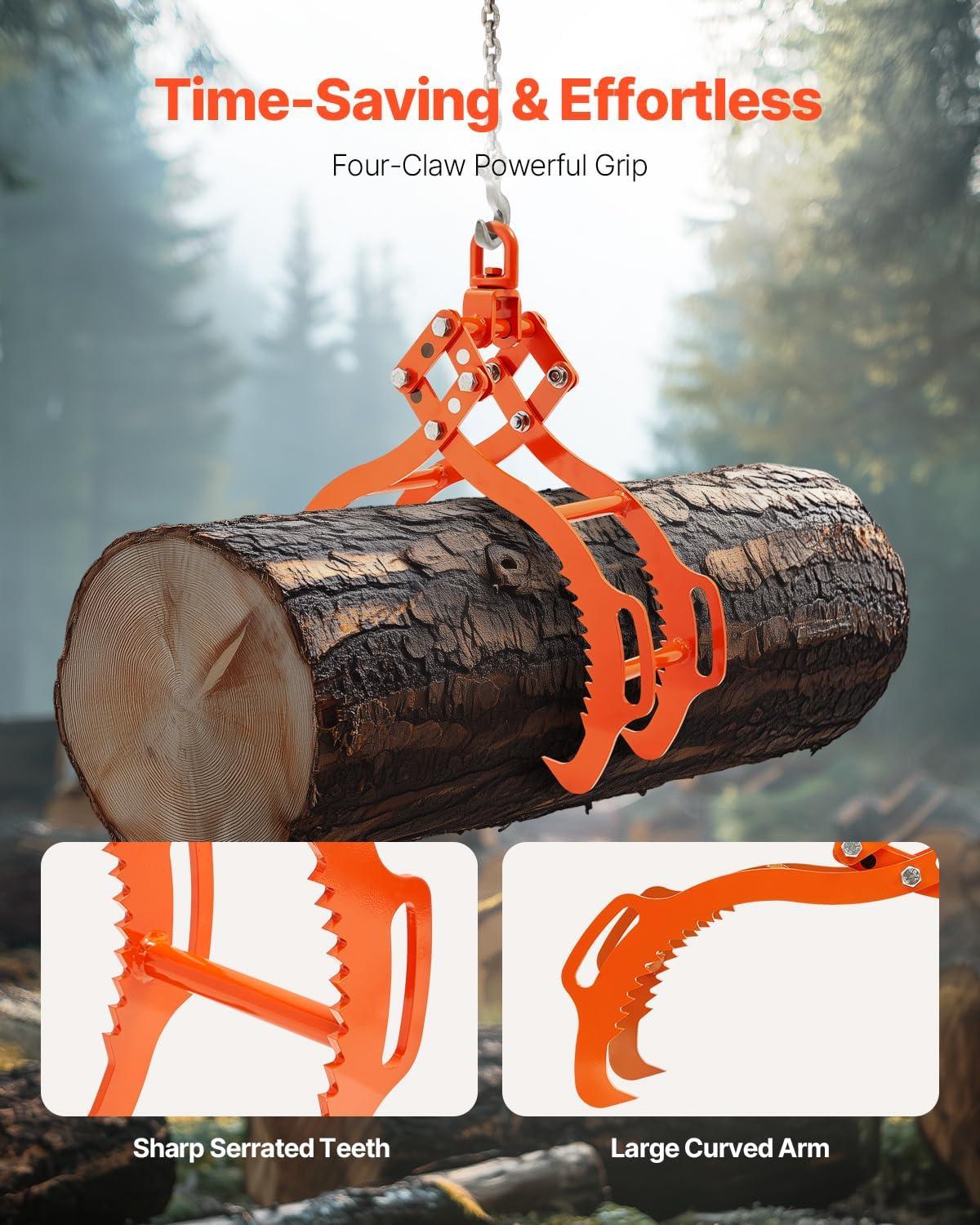 imageVEVOR Log Lifting Tongs 36in 4 Serrated Claw Hook Log Tongs Heavy Duty Steel Swivel Dragging Tongs 3300LBS Log Grapple with Handles Lumber Log Skidding Tongs for Tractors Trucks Forklifts ATVs4 Serrated Claw