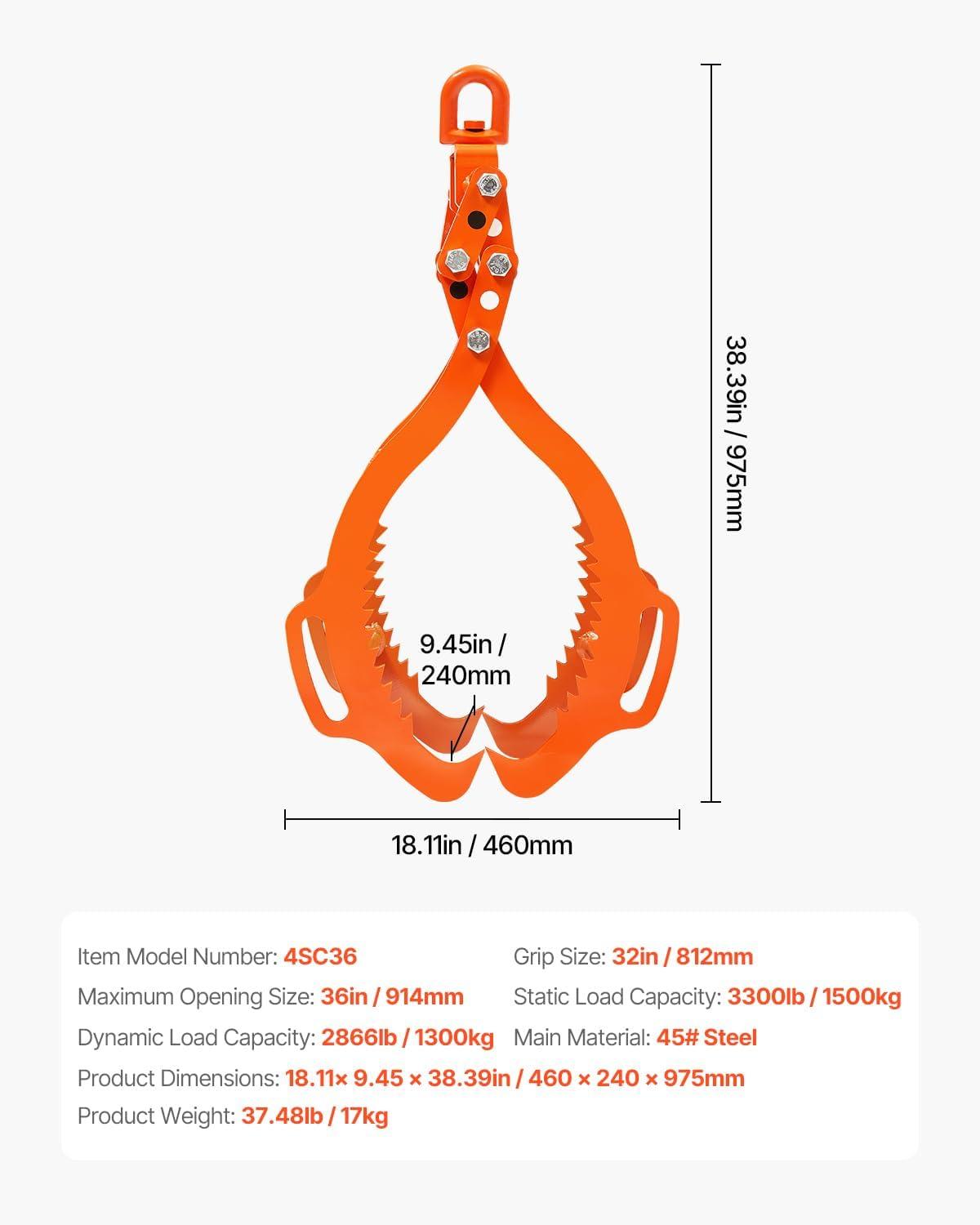 imageVEVOR Log Lifting Tongs 36in 4 Serrated Claw Hook Log Tongs Heavy Duty Steel Swivel Dragging Tongs 3300LBS Log Grapple with Handles Lumber Log Skidding Tongs for Tractors Trucks Forklifts ATVs4 Serrated Claw