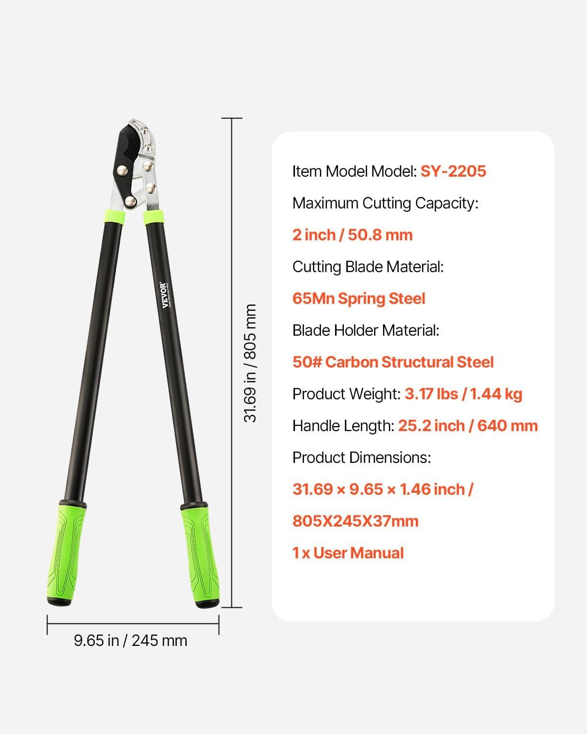 imageVEVOR Loppers for Tree Trimming 32 inch Garden Anvil Trimmer with Compound Action Sharp Steel Blade Heavy Duty Tree Branch Cutter Up to 2 inch Dia Cut Capacity Ergonomically Designed Handles