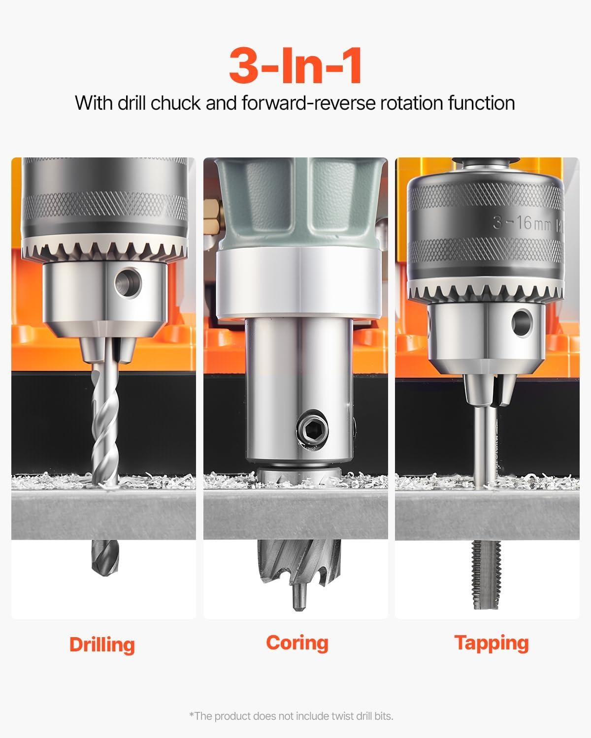 imageVEVOR Magnetic Drill 1450W Motor 16 in Boring Diameter 2810 lbf Portable Electric Mag Drill Press with 2 Coring Bits Variable Speed Drilling Machine for Metal Surface Home Improvement IndustryW 157 2pcs  Tapping NEW