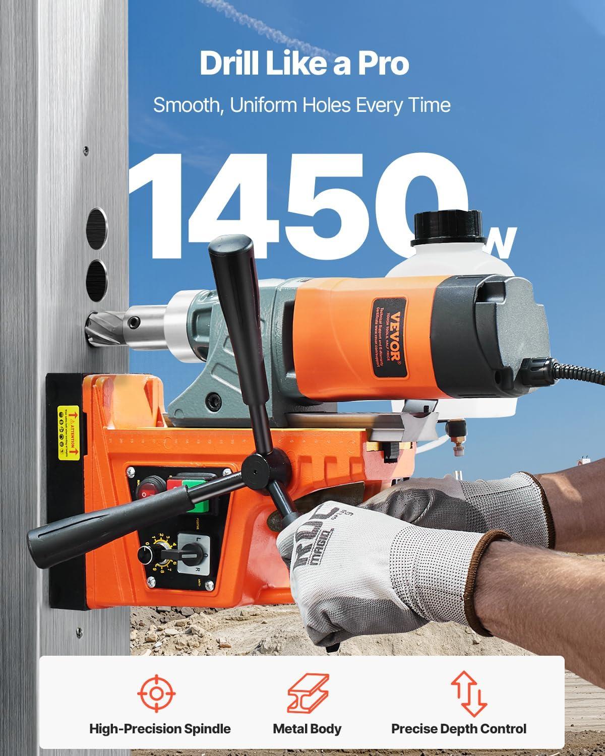 imageVEVOR Magnetic Drill 1450W Motor 16 in Boring Diameter 2810 lbf Portable Electric Mag Drill Press with 2 Coring Bits Variable Speed Drilling Machine for Metal Surface Home Improvement IndustryW 157 2pcs  Tapping NEW