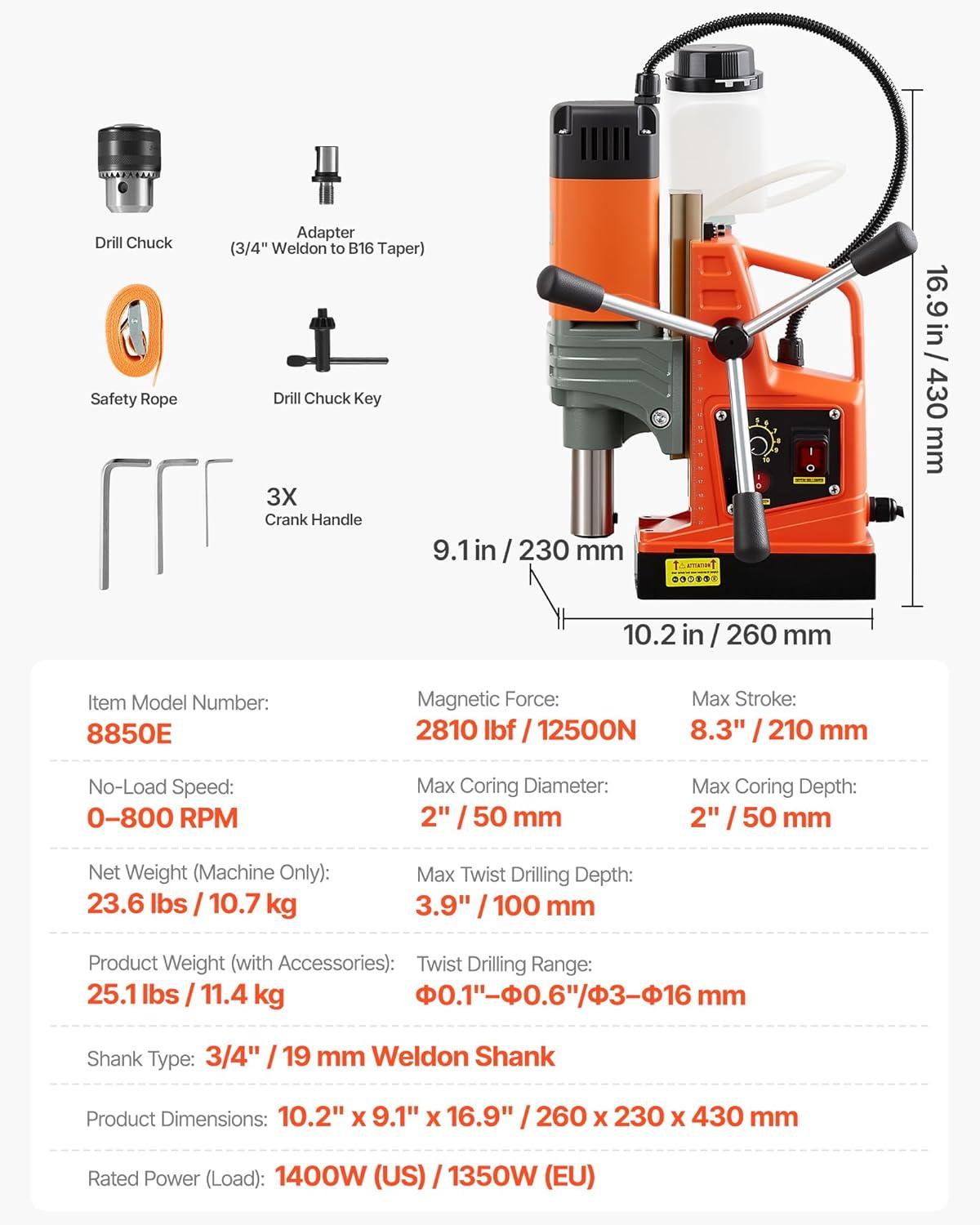 imageVEVOR Magnetic Drill 1450W Motor 16 in Boring Diameter 2810 lbf Portable Electric Mag Drill Press with 2 Coring Bits Variable Speed Drilling Machine for Metal Surface Home Improvement IndustryW 2  NEW