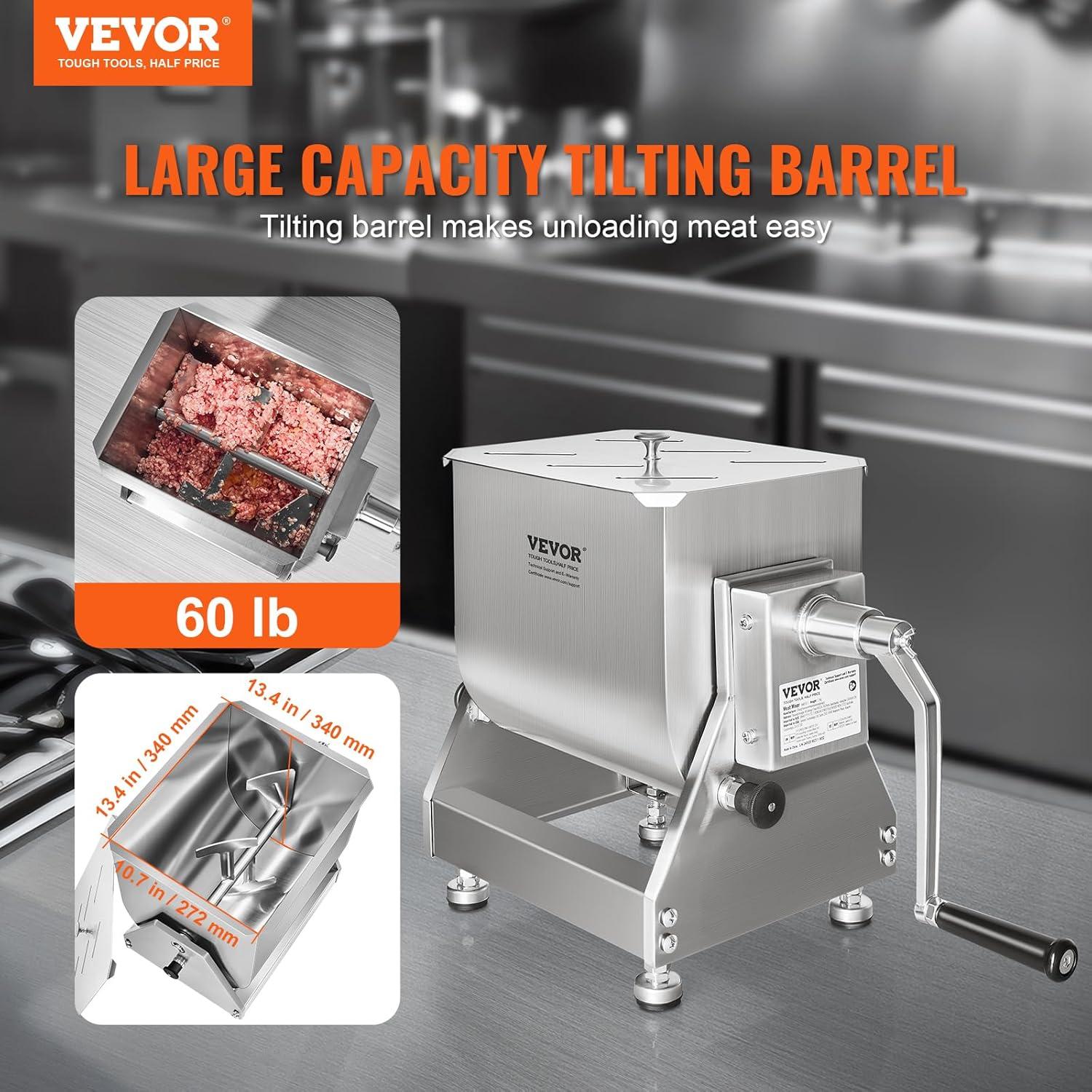 imageVEVOR Manual Meat Mixer 15 Pound Capacity Tank Meat Processing Equipment Stainless Steel Meat Mixer Sausage Mixer Machine with Lid and Handle Ground Beef Hand Mixer SilverBX30T