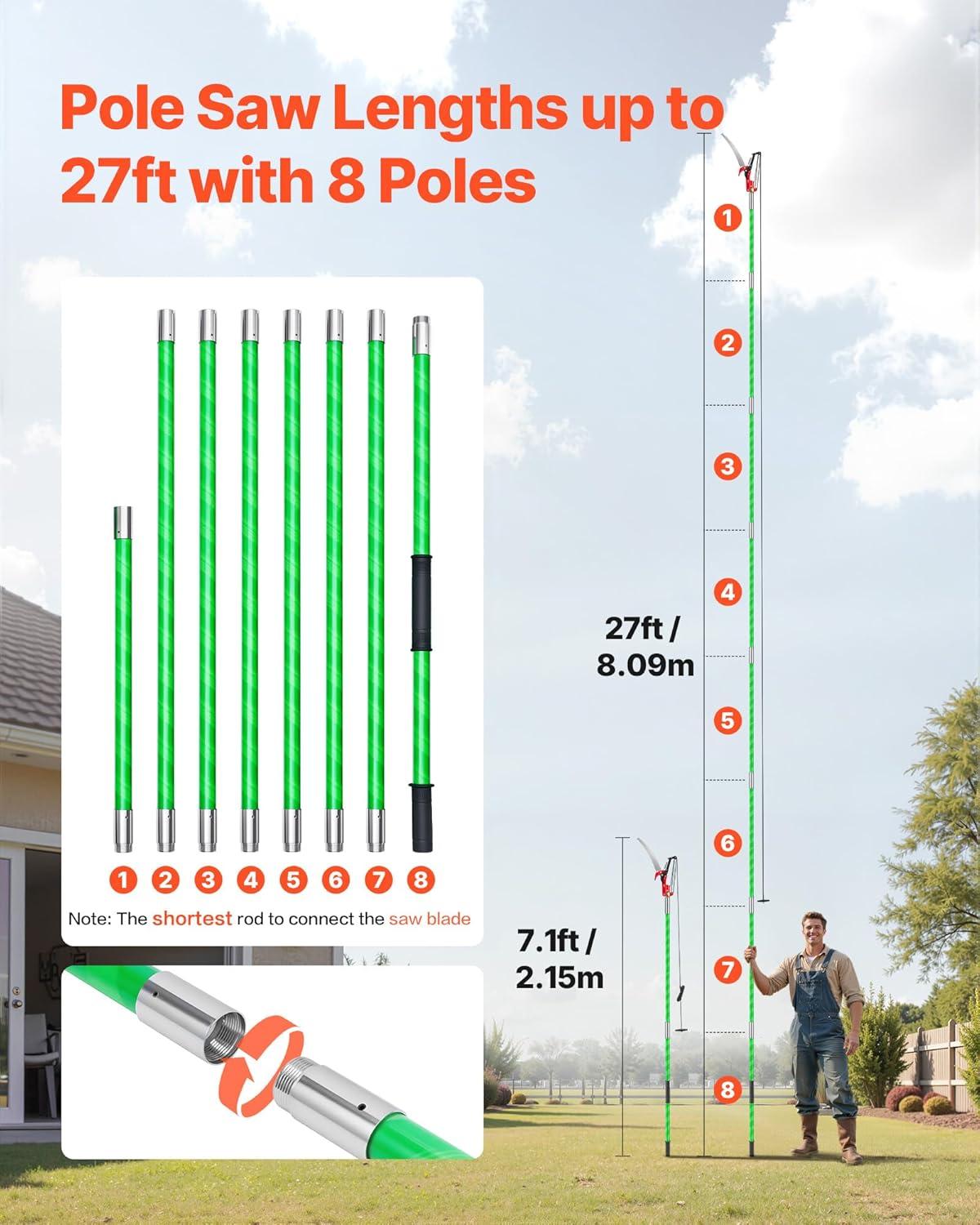 imageVEVOR Manual Pole Saw 38727 ft Extendable Pole Tree Pruner with Scissors Sharp 65Mn Steel Blade Lightweight Fiberglass Handle Pole for High Branch Trimming Pruning Tool for Palms and ShrubsTree Pruner with Scissors