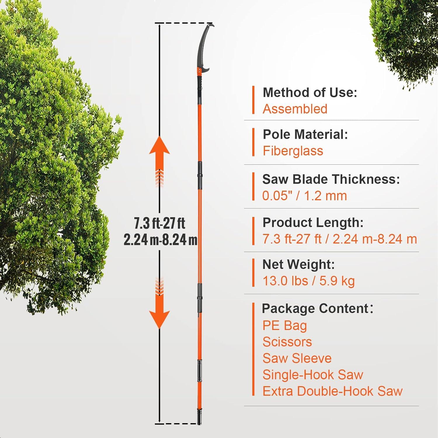 imageVEVOR Manual Pole Saw 7327 ft Extendable Tree Pruner Sharp Steel Blade and Scissors High Branches Trimming Branch Trimmer with Lightweight 8 Fiberglass Handles for Pruning Palms and Shrubs7327 ft with Scissors