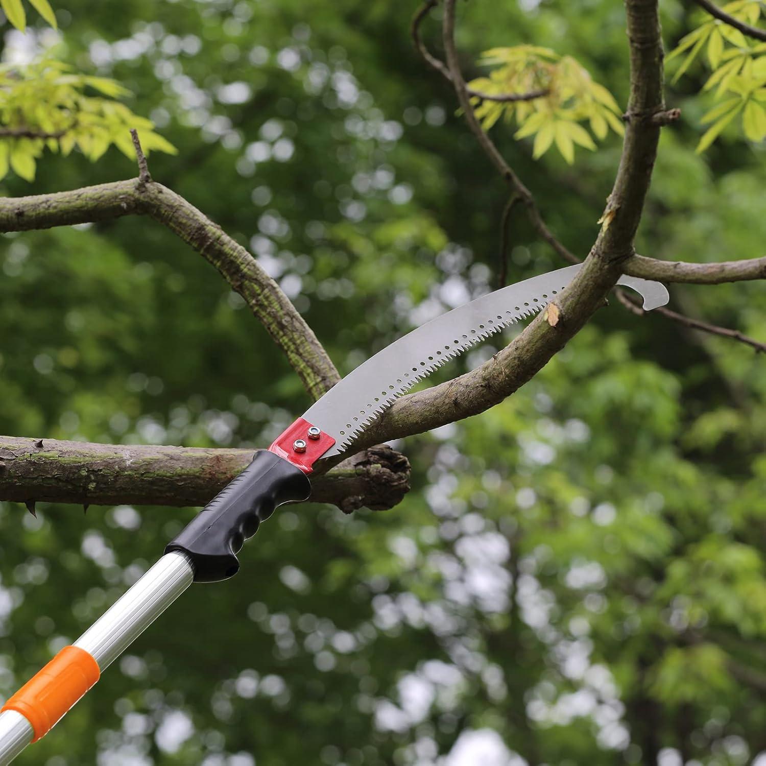 imageVEVOR Manual Pole Saw 7327 ft Extendable Tree Pruner Sharp Steel Blade and Scissors High Branches Trimming Branch Trimmer with Lightweight 8 Fiberglass Handles for Pruning Palms and Shrubs4698ft Steel Blad