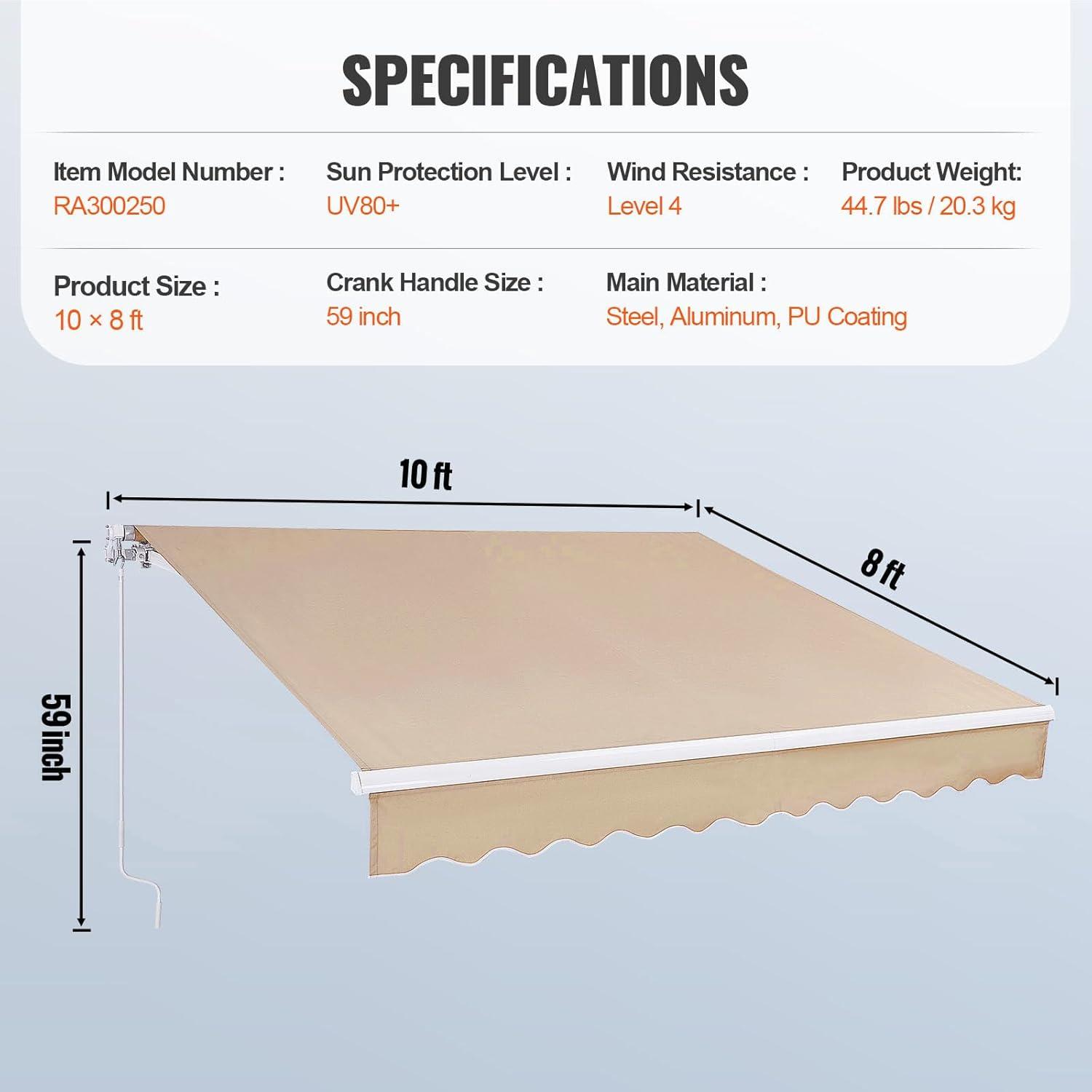 imageVEVOR Manual Retractable Awning 13 x 8 ft Outdoor Patio Awning Retractable Sun Shade Patio Door Window Awning Sunshade Shelter WaterResistant Polyester with Crank Handle for Balcony Backyard10x8 FT