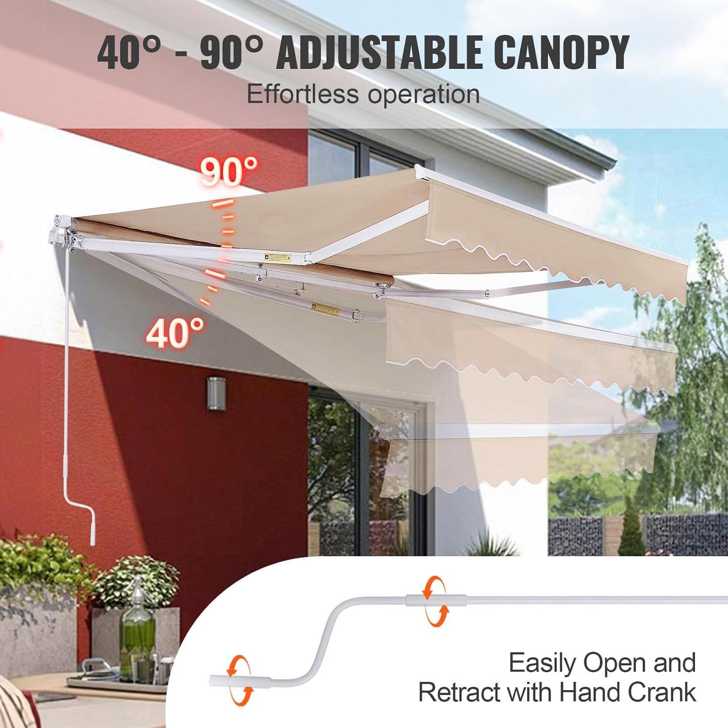 imageVEVOR Manual Retractable Awning 13 x 8 ft Outdoor Patio Awning Retractable Sun Shade Patio Door Window Awning Sunshade Shelter WaterResistant Polyester with Crank Handle for Balcony Backyard8x7 FT