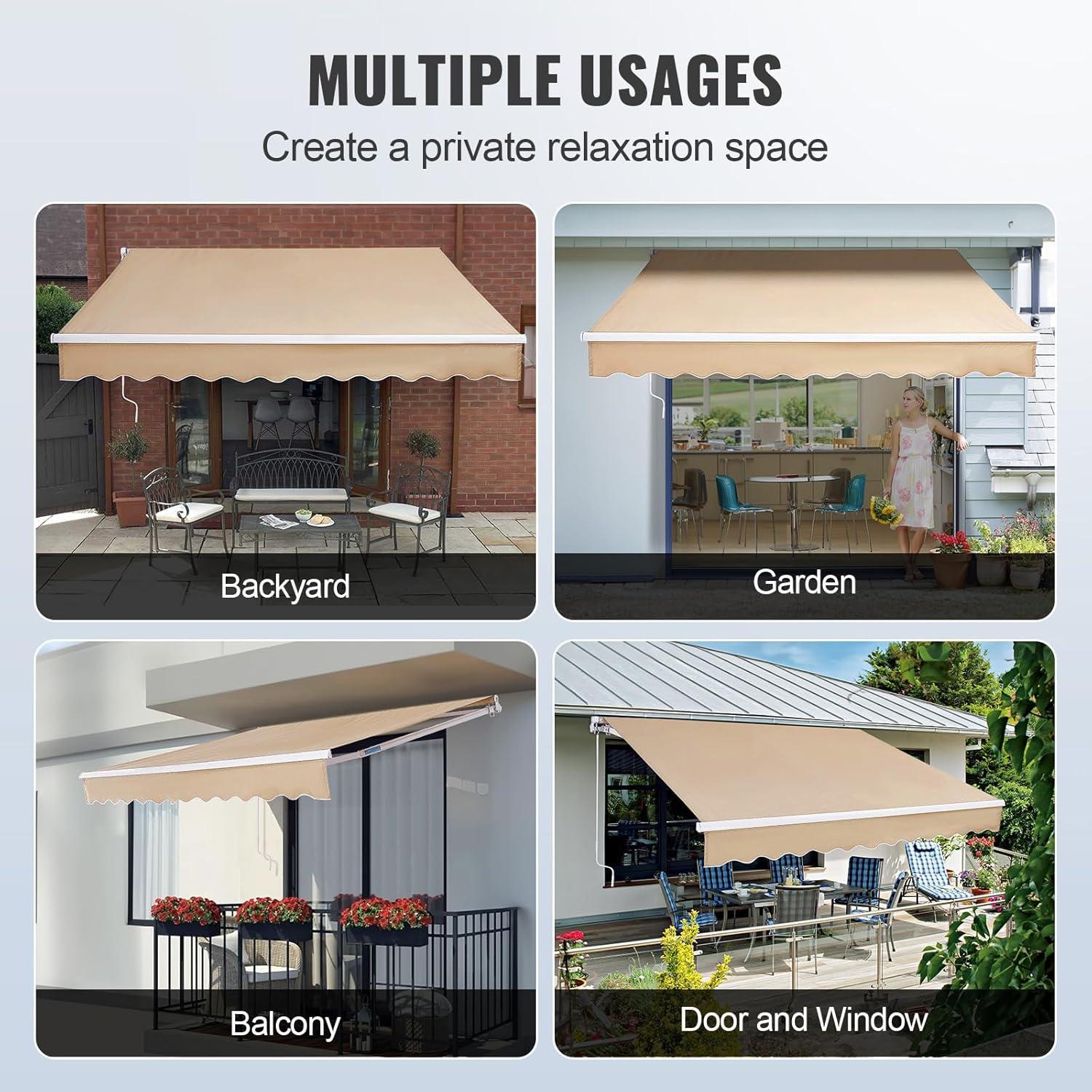 imageVEVOR Manual Retractable Awning 13 x 8 ft Outdoor Patio Awning Retractable Sun Shade Patio Door Window Awning Sunshade Shelter WaterResistant Polyester with Crank Handle for Balcony Backyard8x7 FT