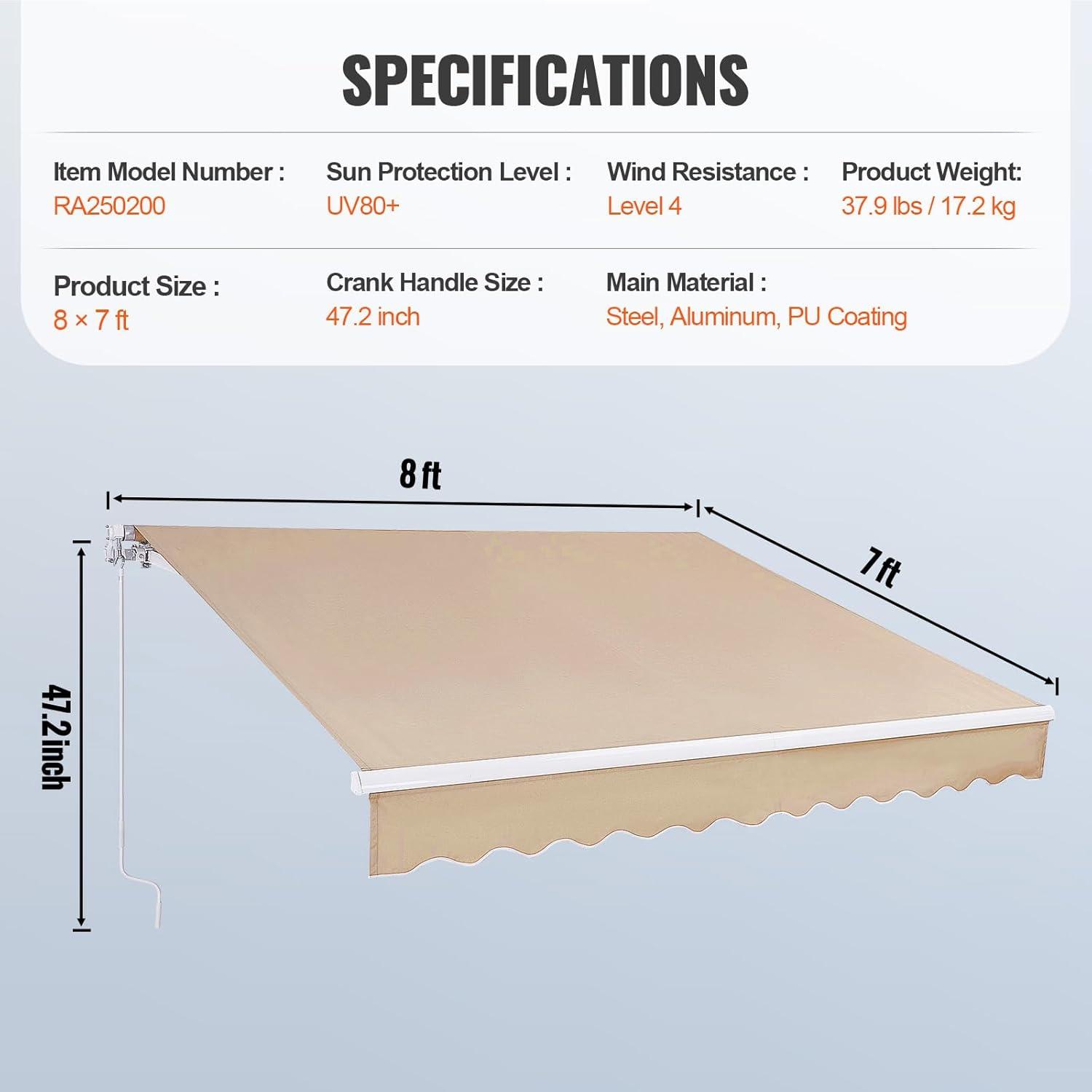 imageVEVOR Manual Retractable Awning 13 x 8 ft Outdoor Patio Awning Retractable Sun Shade Patio Door Window Awning Sunshade Shelter WaterResistant Polyester with Crank Handle for Balcony Backyard8x7 FT