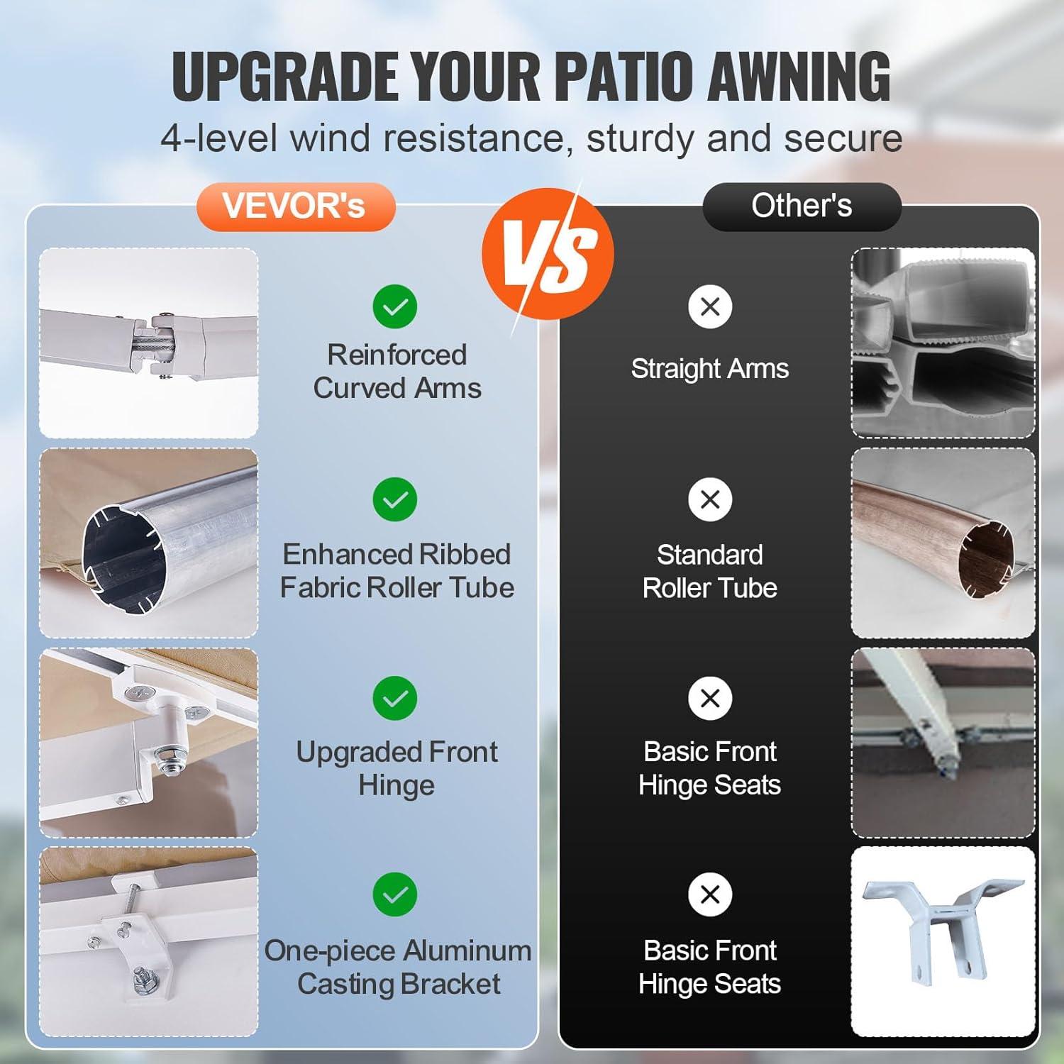 imageVEVOR Manual Retractable Awning 13 x 8 ft Outdoor Patio Awning Retractable Sun Shade Patio Door Window Awning Sunshade Shelter WaterResistant Polyester with Crank Handle for Balcony Backyard12x10 FT
