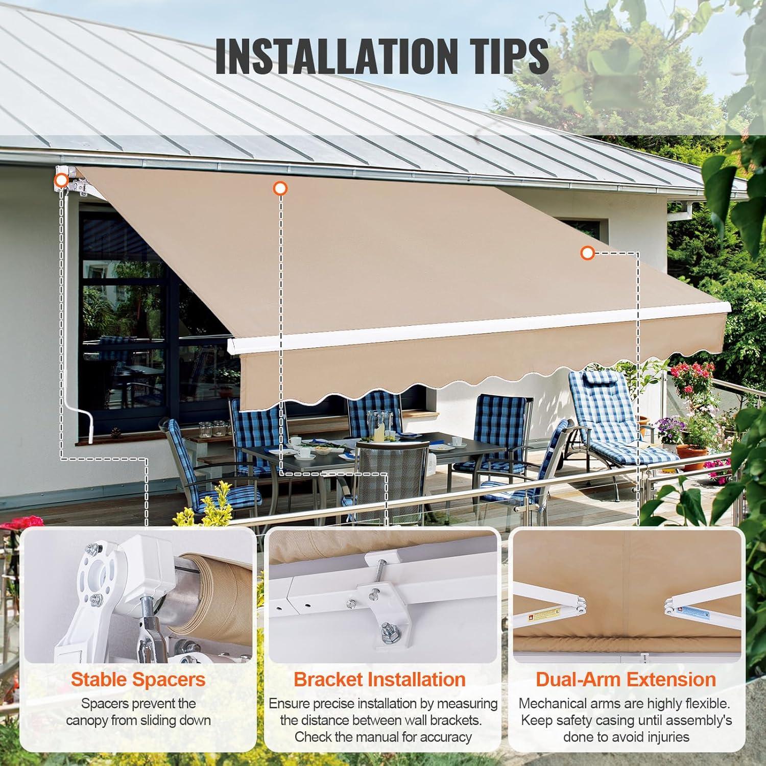 imageVEVOR Manual Retractable Awning 13 x 8 ft Outdoor Patio Awning Retractable Sun Shade Patio Door Window Awning Sunshade Shelter WaterResistant Polyester with Crank Handle for Balcony Backyard8x7 FT