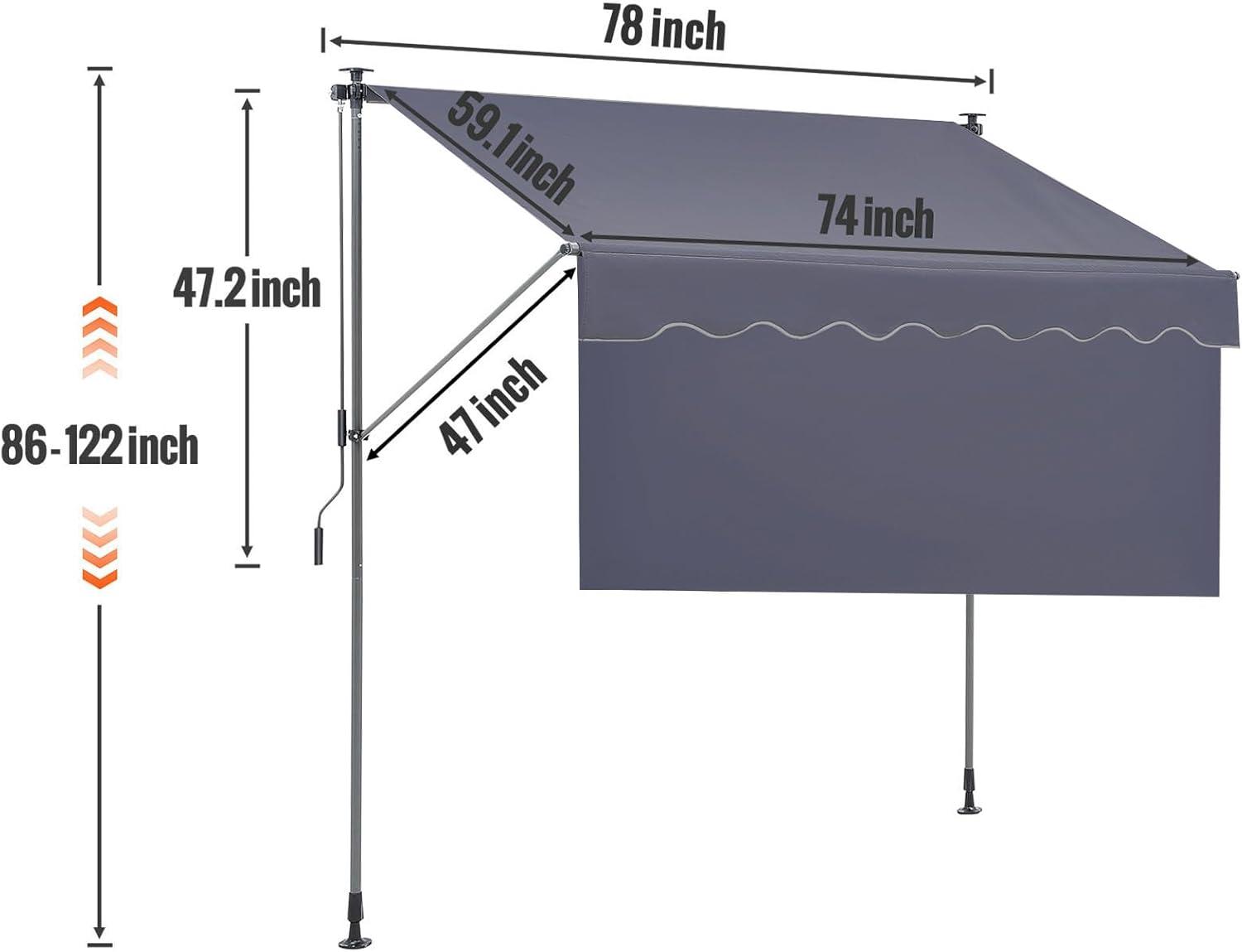 imageVEVOR Manual Retractable Awning 78quot Outdoor Retractable Patio Awning Sunshade Shelter Adjustable Patio Door Window Awning Canopy with 39quot Sun Shade Curtain for Backyard Garden Balcony Dark Gray7847