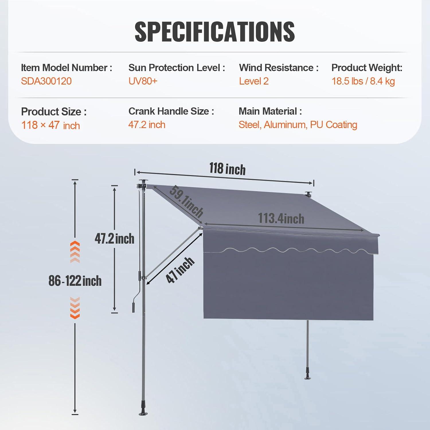 imageVEVOR Manual Retractable Awning 78quot Outdoor Retractable Patio Awning Sunshade Shelter Adjustable Patio Door Window Awning Canopy with 39quot Sun Shade Curtain for Backyard Garden Balcony Dark Gray118 47