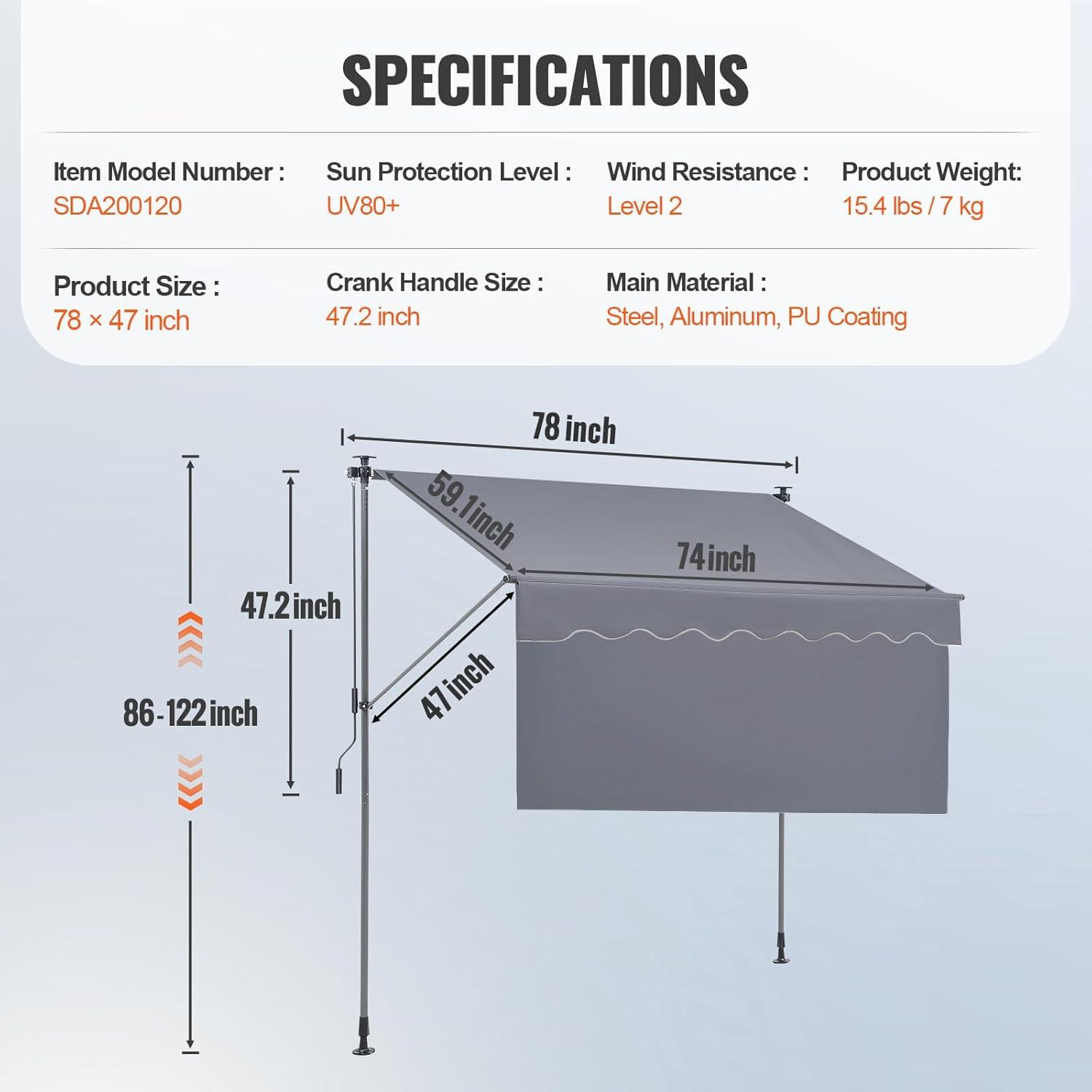 imageVEVOR Manual Retractable Awning 78quot Outdoor Retractable Patio Awning Sunshade Shelter Adjustable Patio Door Window Awning Canopy with 39quot Sun Shade Curtain for Backyard Garden Balcony Dark Gray7847