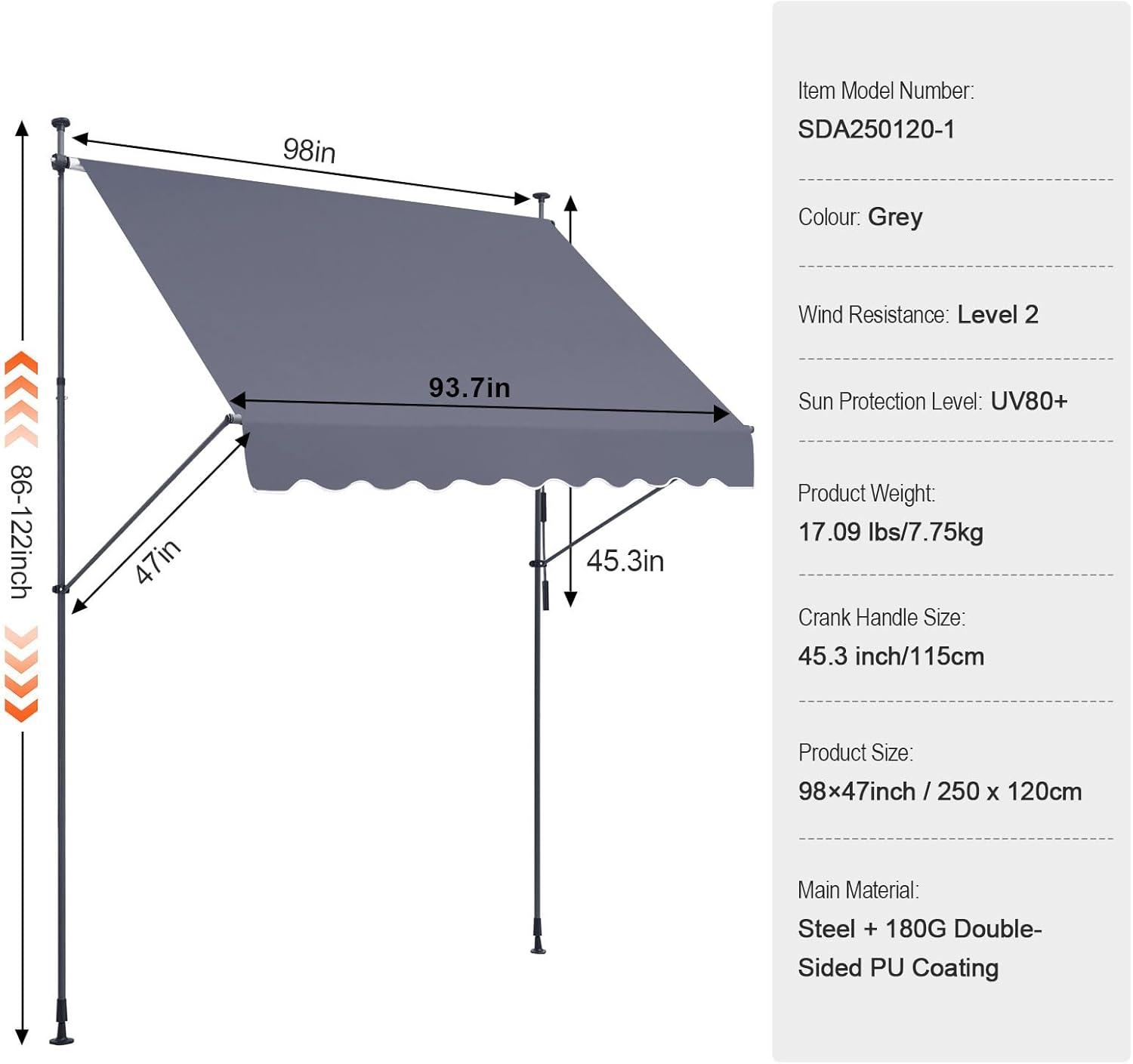 imageVEVOR Manual Retractable Awning 78quot Outdoor Retractable Patio Awning Sunshade Shelter Adjustable Patio Door Window Awning Canopy with 39quot Sun Shade Curtain for Backyard Garden Balcony Dark Gray98  47