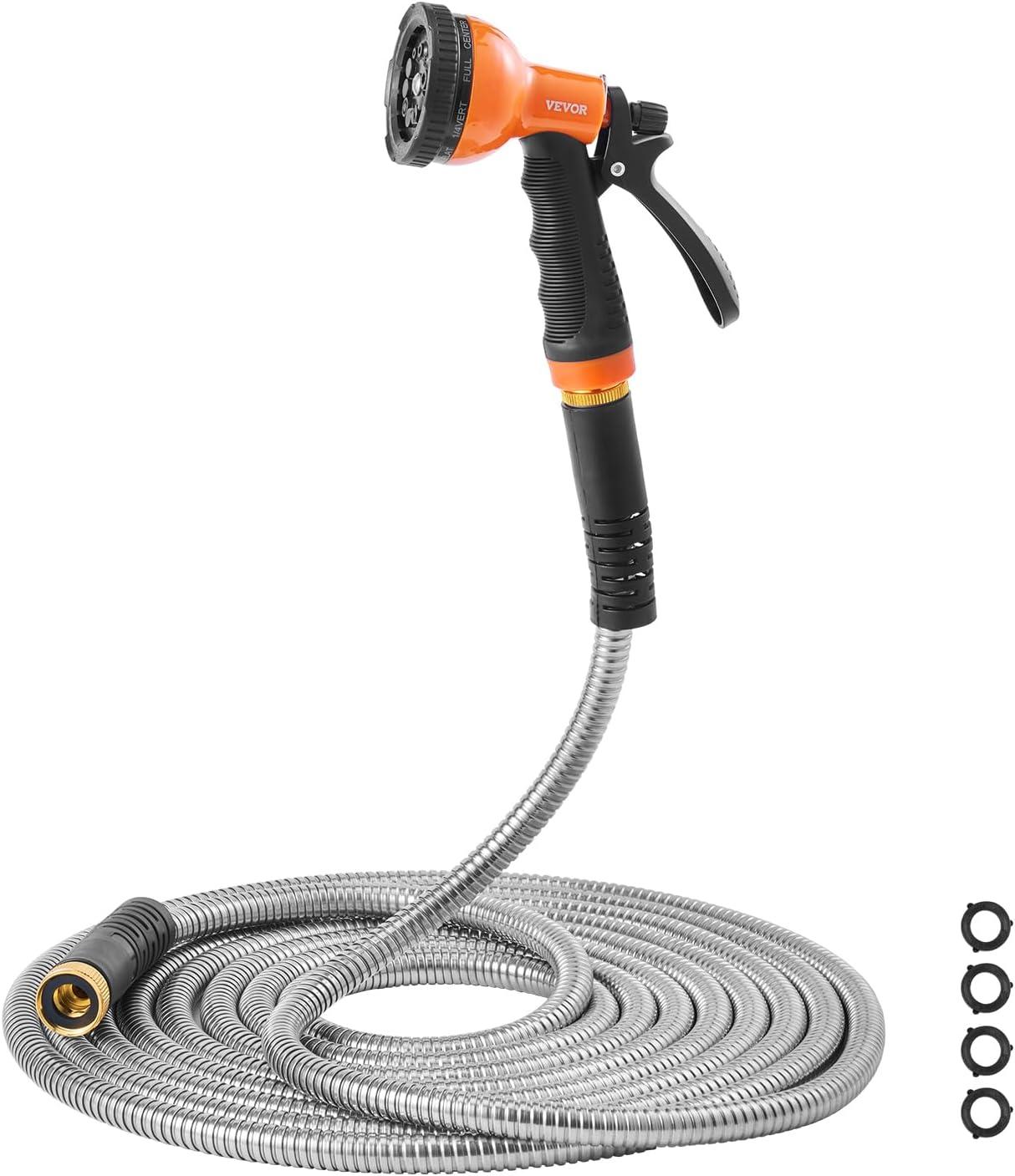 imageVEVOR Metal Garden Hose 200 ft Heavy Duty Stainless Steel Water Hose with 10Function Nozzle NoKink ampamp Flexible Outdoor Garden Hose RustProof Lightweight Hose for Yard RV Car Wash75 ft with 10 Function Spray Nozzle