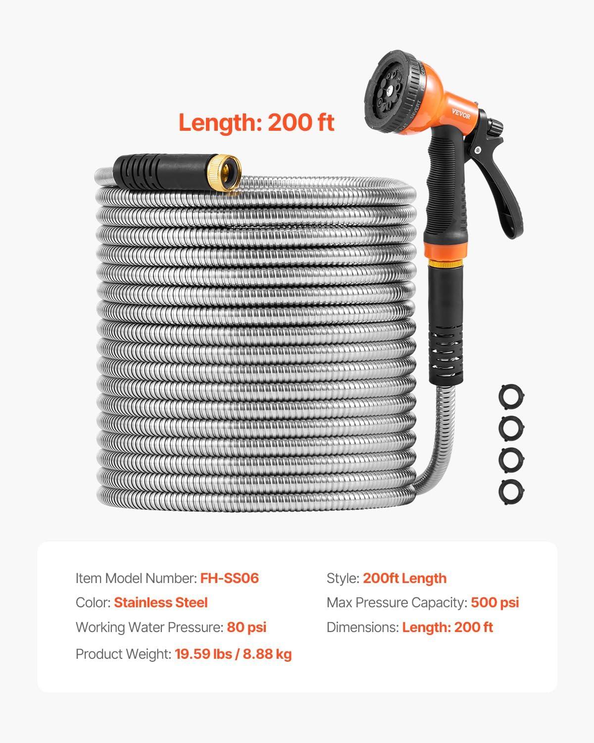 imageVEVOR Metal Garden Hose 200 ft Heavy Duty Stainless Steel Water Hose with 10Function Nozzle NoKink ampamp Flexible Outdoor Garden Hose RustProof Lightweight Hose for Yard RV Car Wash200 ft with 10 Function Spray Nozzle