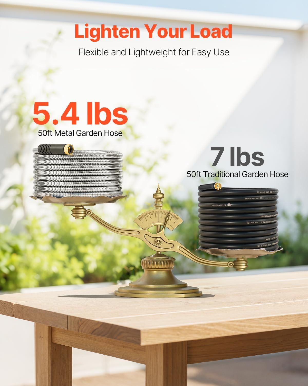 imageVEVOR Metal Garden Hose 200 ft Heavy Duty Stainless Steel Water Hose with 10Function Nozzle NoKink ampamp Flexible Outdoor Garden Hose RustProof Lightweight Hose for Yard RV Car Wash50 ft with 10 Function Spray Nozzle