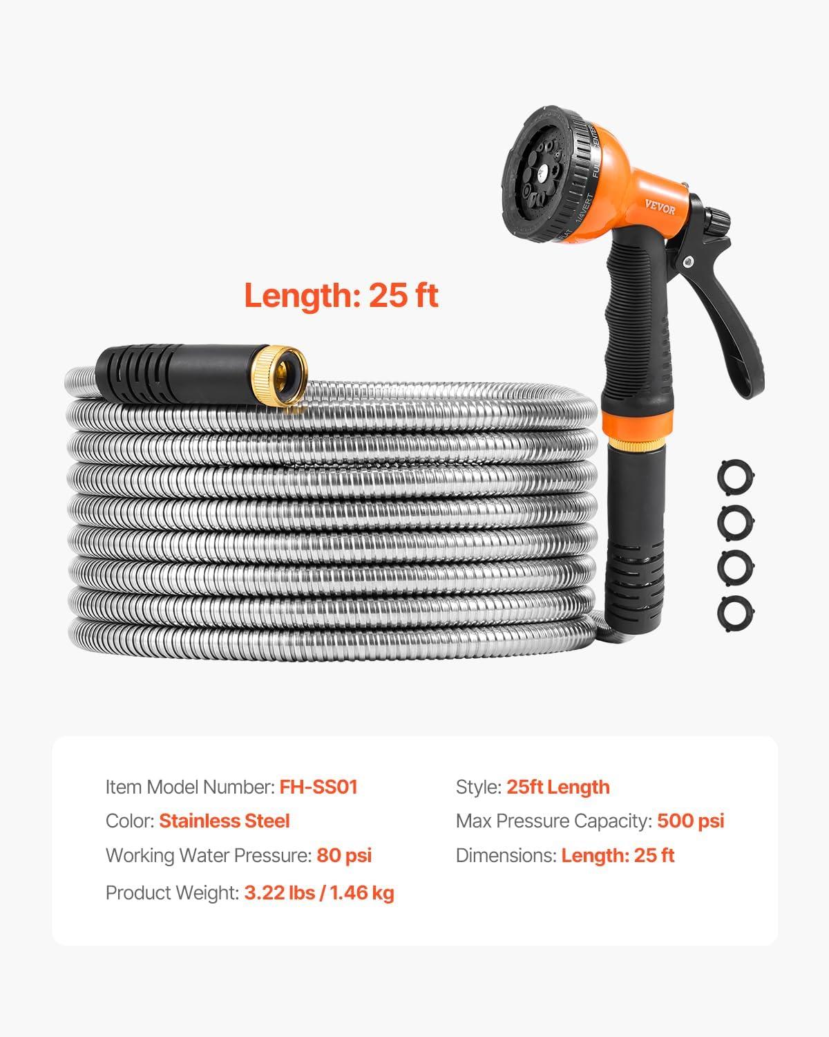 imageVEVOR Metal Garden Hose 200 ft Heavy Duty Stainless Steel Water Hose with 10Function Nozzle NoKink ampamp Flexible Outdoor Garden Hose RustProof Lightweight Hose for Yard RV Car Wash25 ft with 10 Function Spray Nozzle