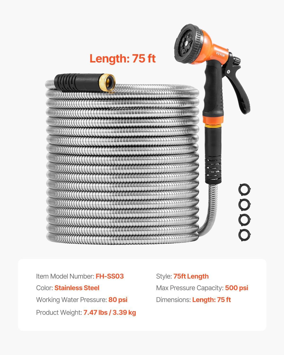 imageVEVOR Metal Garden Hose 200 ft Heavy Duty Stainless Steel Water Hose with 10Function Nozzle NoKink ampamp Flexible Outdoor Garden Hose RustProof Lightweight Hose for Yard RV Car Wash75 ft with 10 Function Spray Nozzle