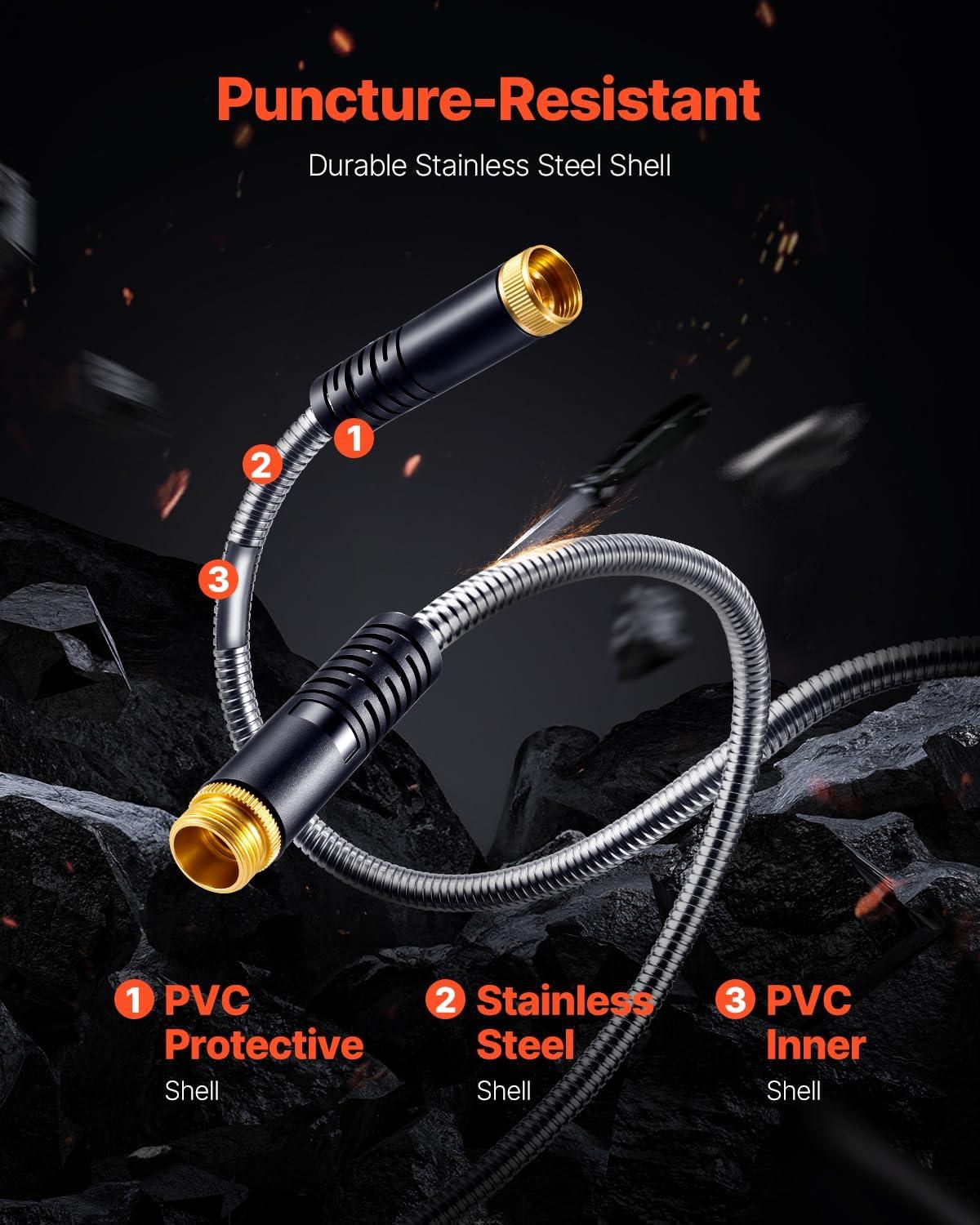 imageVEVOR Metal Garden Hose 200 ft Heavy Duty Stainless Steel Water Hose with 10Function Nozzle NoKink ampamp Flexible Outdoor Garden Hose RustProof Lightweight Hose for Yard RV Car Wash200 ft with 10 Function Spray Nozzle