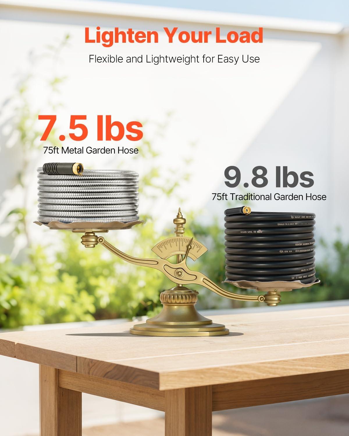 imageVEVOR Metal Garden Hose 200 ft Heavy Duty Stainless Steel Water Hose with 10Function Nozzle NoKink ampamp Flexible Outdoor Garden Hose RustProof Lightweight Hose for Yard RV Car Wash75 ft with 10 Function Spray Nozzle