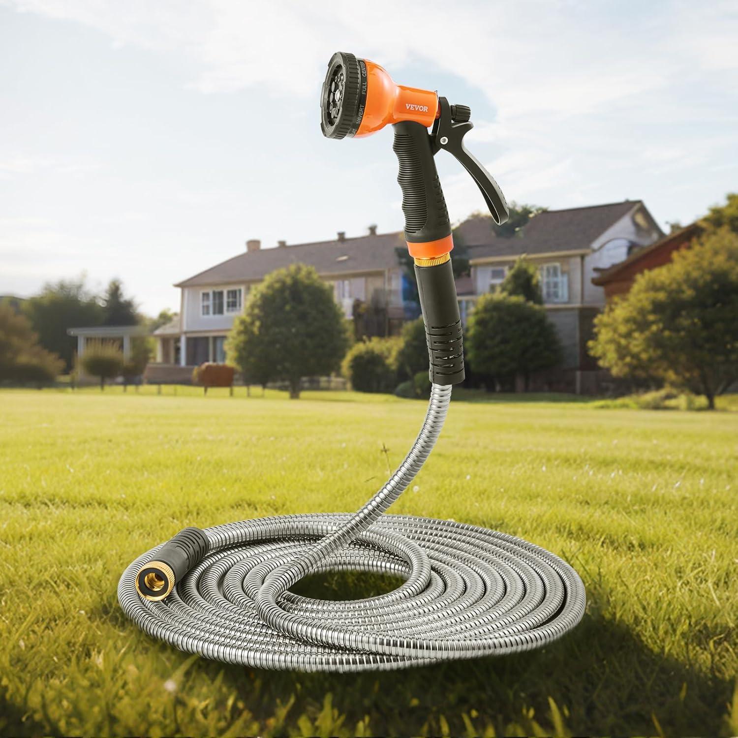imageVEVOR Metal Garden Hose 200 ft Heavy Duty Stainless Steel Water Hose with 10Function Nozzle NoKink ampamp Flexible Outdoor Garden Hose RustProof Lightweight Hose for Yard RV Car Wash200 ft with 10 Function Spray Nozzle