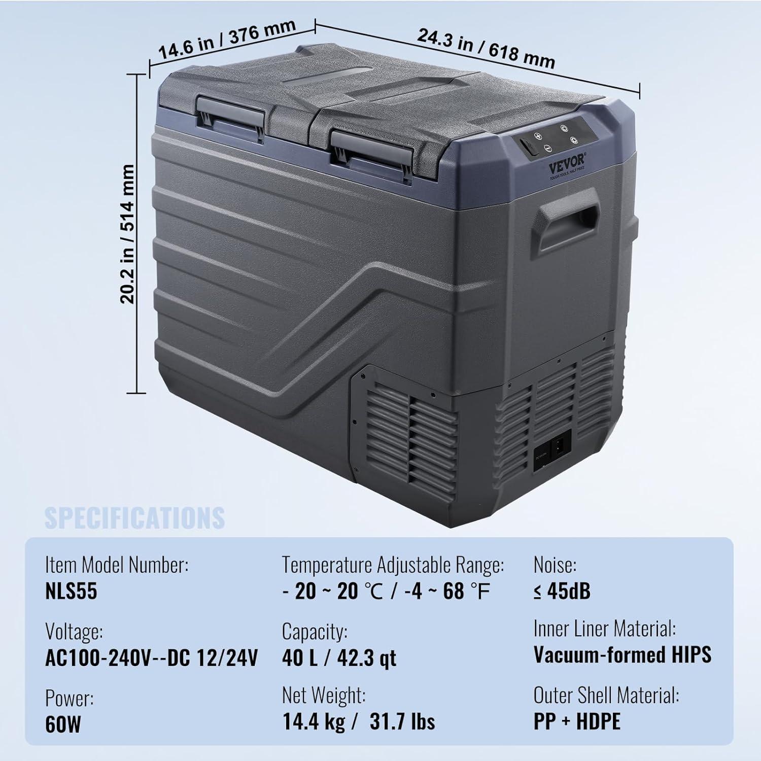 imageVEVOR NLS45 12 Volt Car Refrigerator Fridge 32 L Dual Zone Portable Freezer 468 Adjustable Range 1224V DC and 100240V AC Compressor Cooler for Outdoor Camping RV Bule and greyDual Zone 423QT