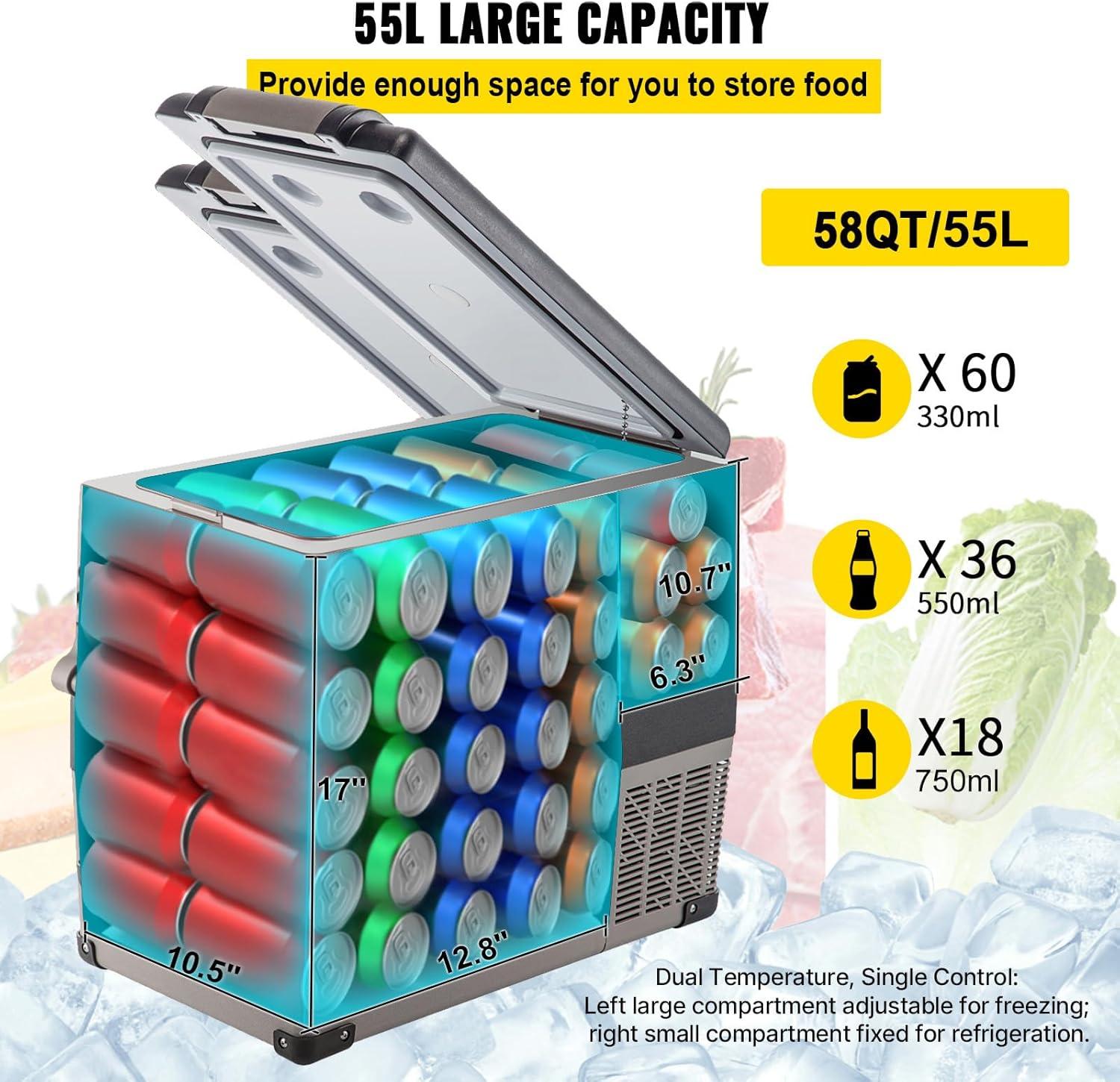 imageVEVOR NLS45 12 Volt Car Refrigerator Fridge 32 L Dual Zone Portable Freezer 468 Adjustable Range 1224V DC and 100240V AC Compressor Cooler for Outdoor Camping RV Bule and greySingle Zone 58QT