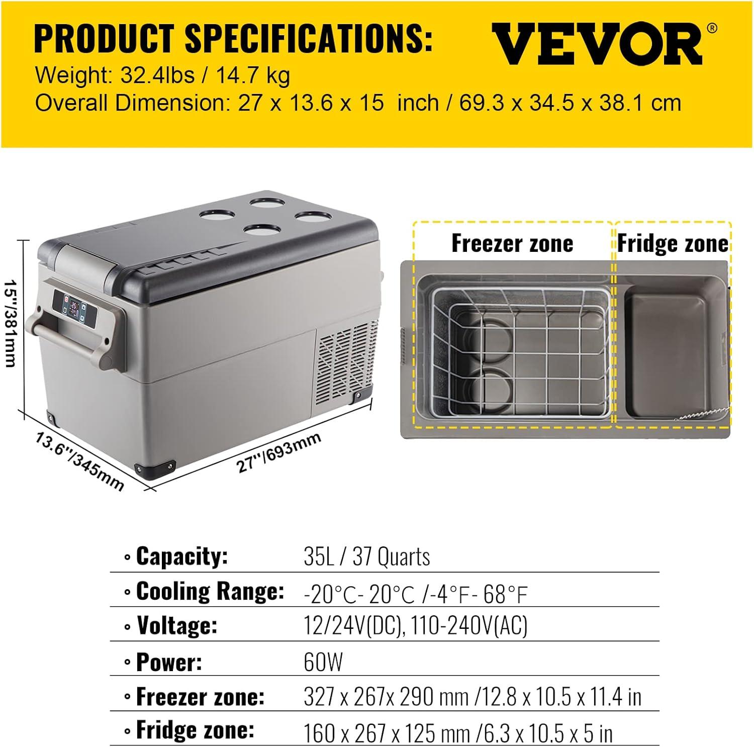 imageVEVOR NLS45 12 Volt Car Refrigerator Fridge 32 L Dual Zone Portable Freezer 468 Adjustable Range 1224V DC and 100240V AC Compressor Cooler for Outdoor Camping RV Bule and greySingle Zone 37QT