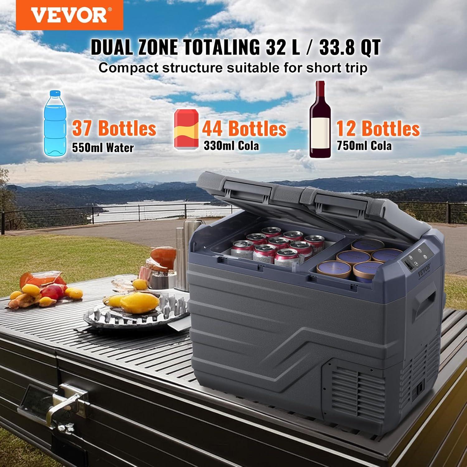 imageVEVOR NLS45 12 Volt Car Refrigerator Fridge 32 L Dual Zone Portable Freezer 468 Adjustable Range 1224V DC and 100240V AC Compressor Cooler for Outdoor Camping RV Bule and greyDual Zone 338QT