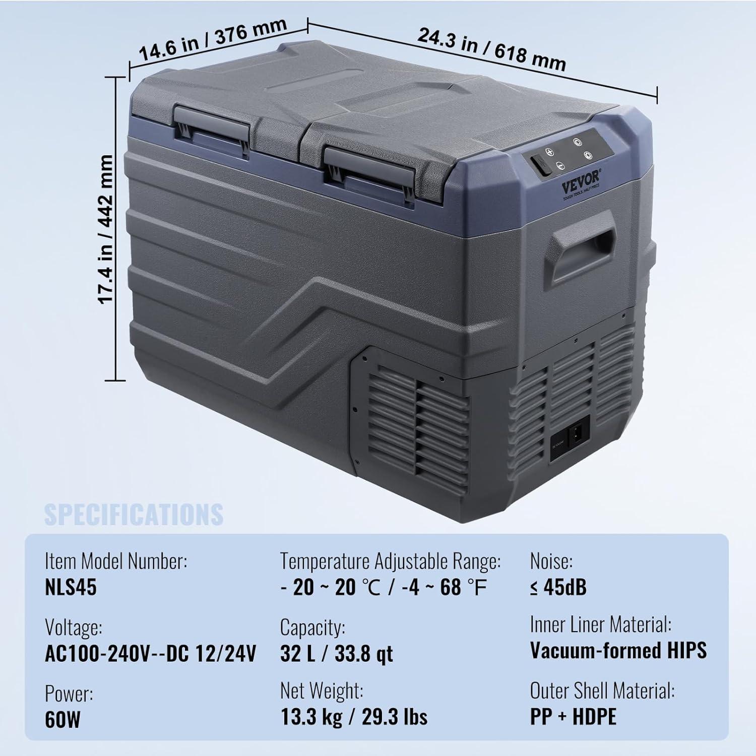 imageVEVOR NLS45 12 Volt Car Refrigerator Fridge 32 L Dual Zone Portable Freezer 468 Adjustable Range 1224V DC and 100240V AC Compressor Cooler for Outdoor Camping RV Bule and greyDual Zone 338QT