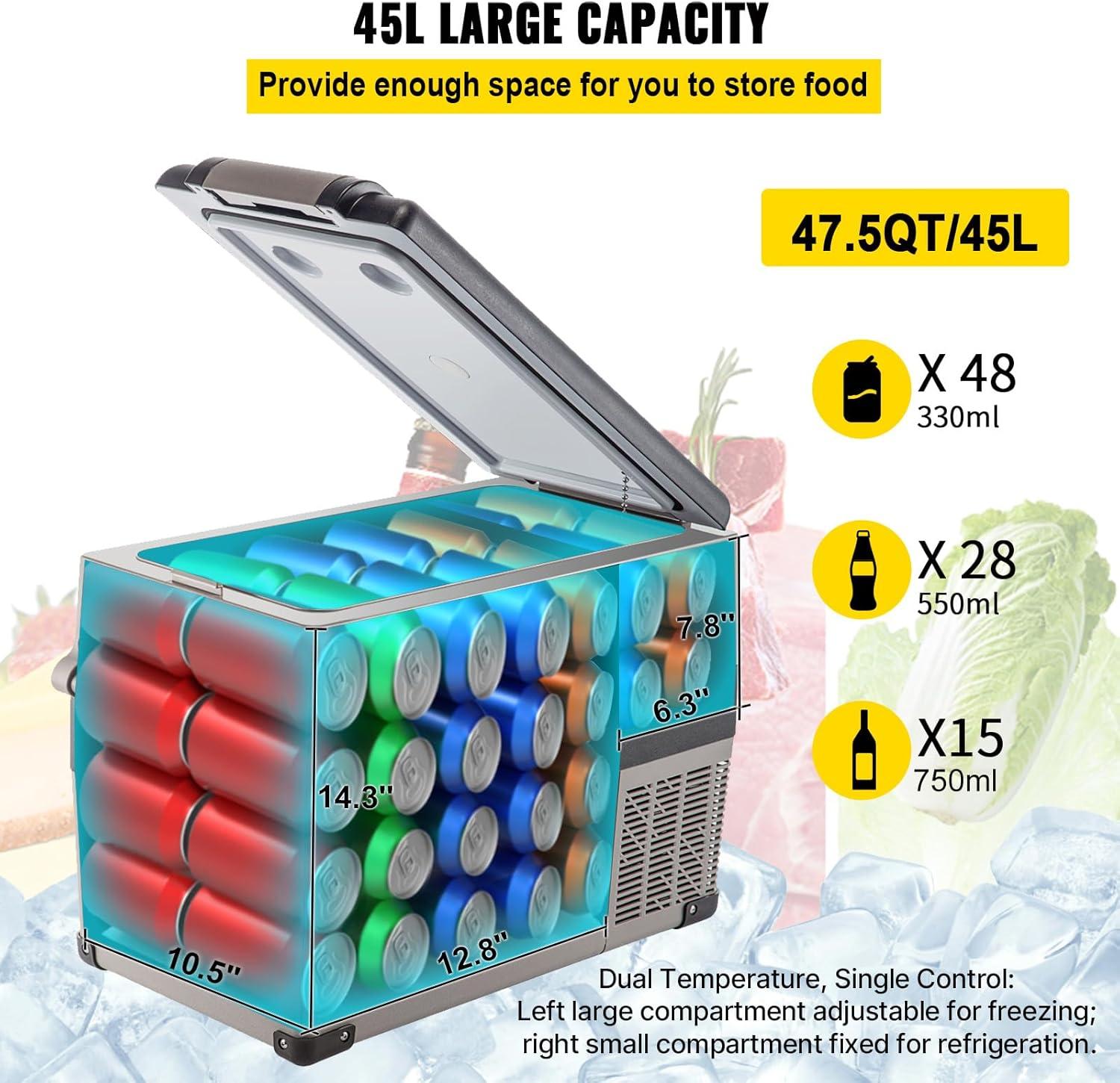 imageVEVOR NLS45 12 Volt Car Refrigerator Fridge 32 L Dual Zone Portable Freezer 468 Adjustable Range 1224V DC and 100240V AC Compressor Cooler for Outdoor Camping RV Bule and greySingle Zone 48QT